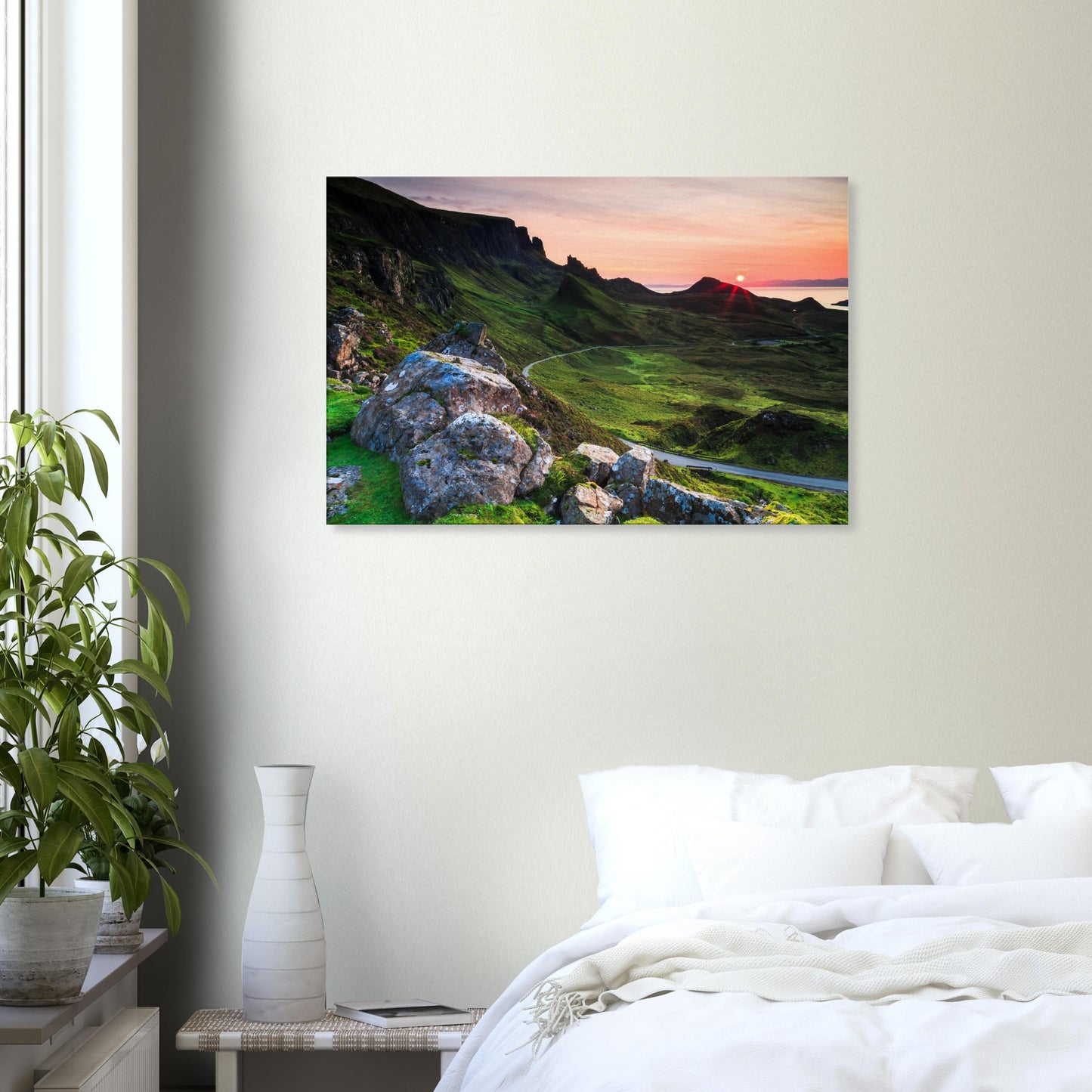 The Quiraing evening canvas showing dramatic sky colors over steep cliffs and a winding road through the valley.