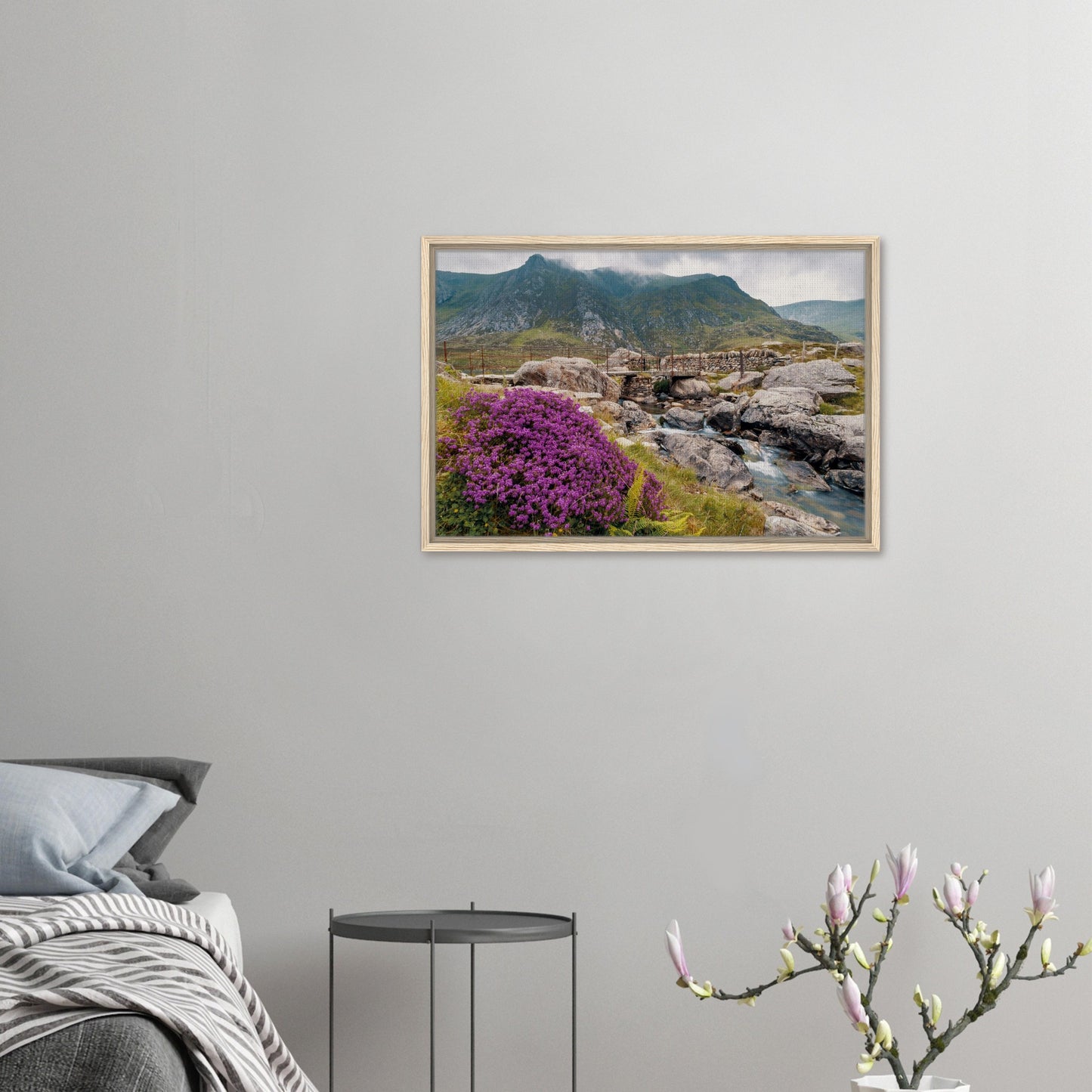 Framed canvas of wildflowers and mountain scene