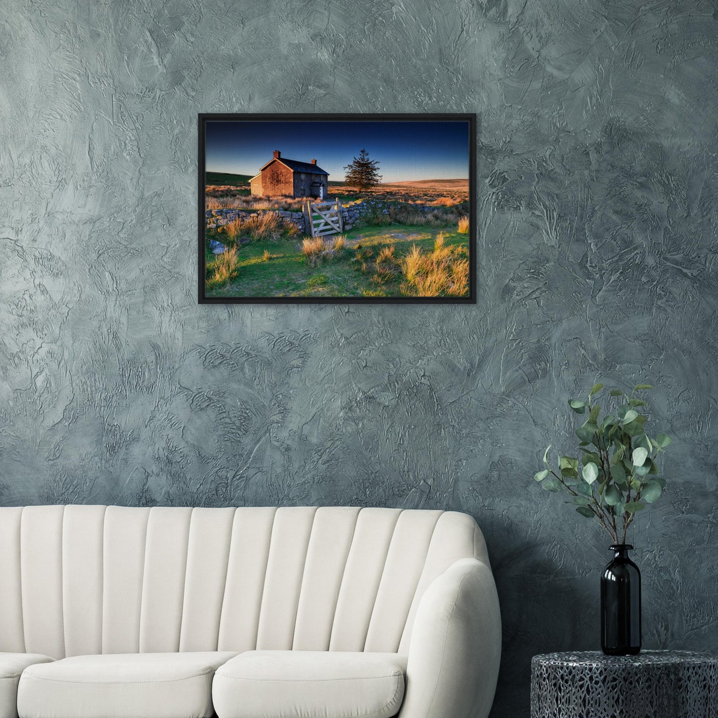 Dartmoor framed canvas of historic farm and glowing sky