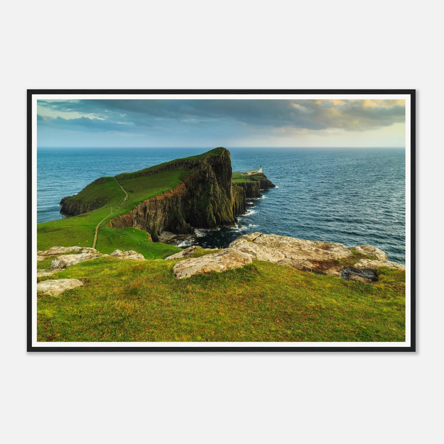 Scenic framed wall art of Neist Point lighthouse and cliffs