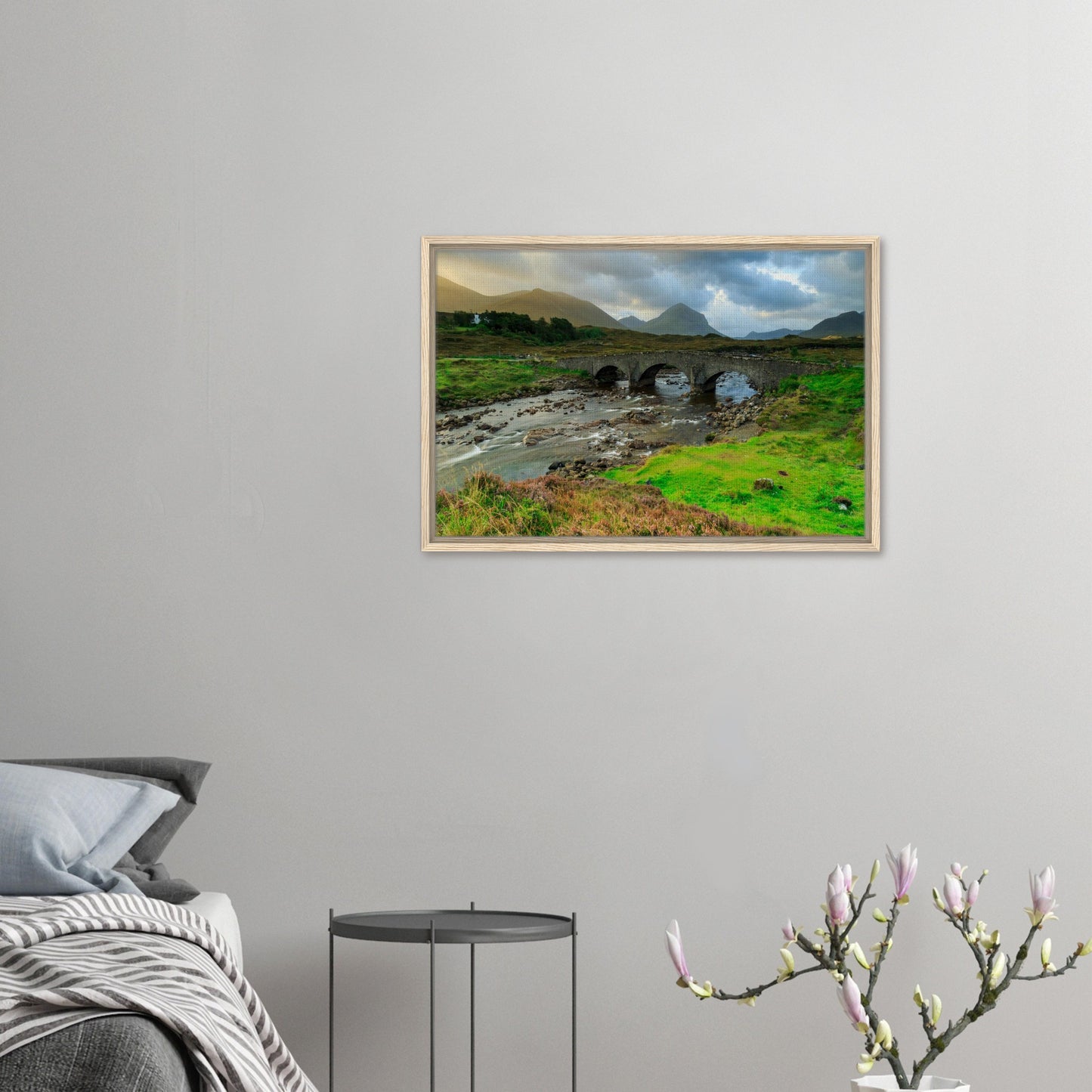 Framed wall art of Scottish Highlands with old bridge and river