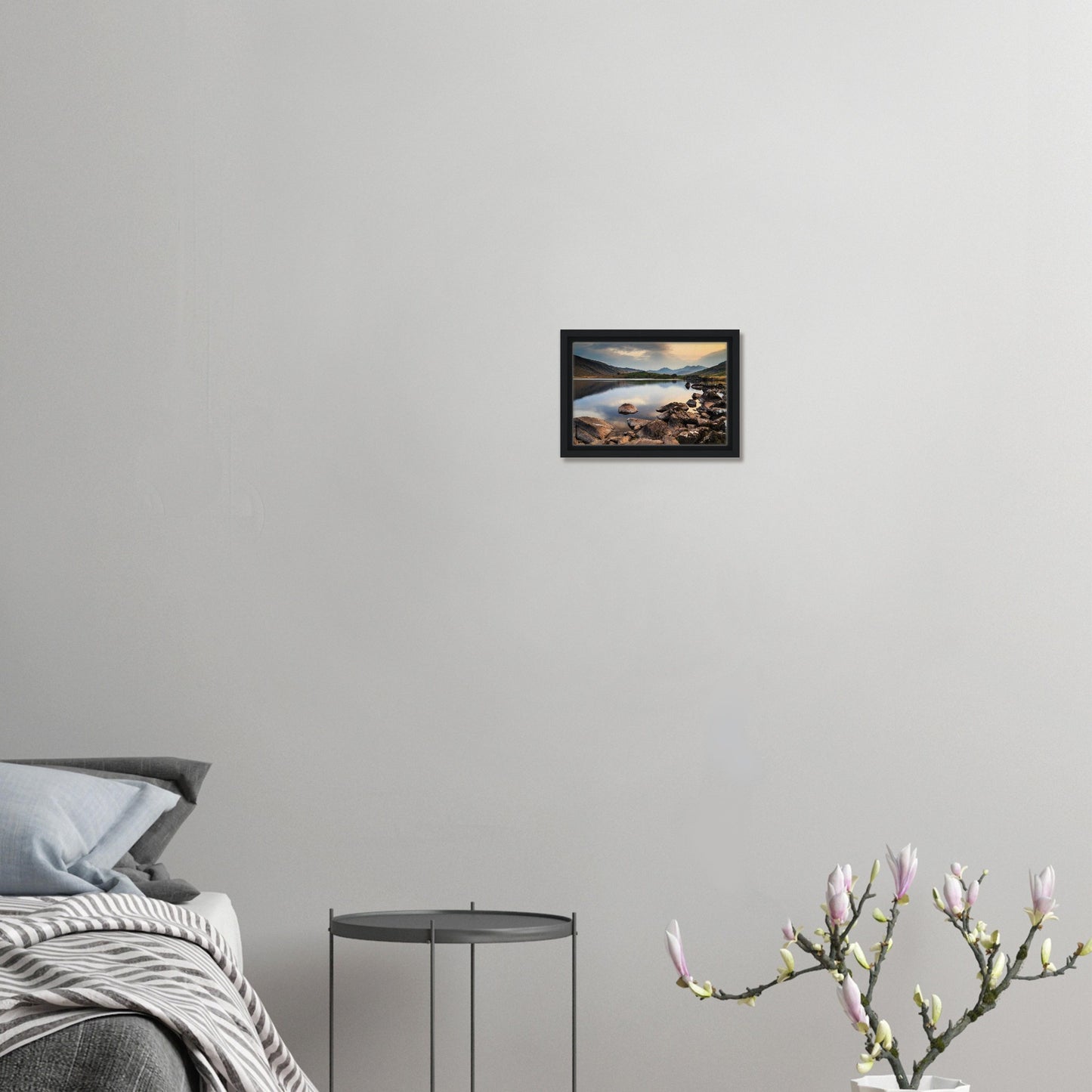 Framed wall art of Llynnau Mymbyr with golden sky