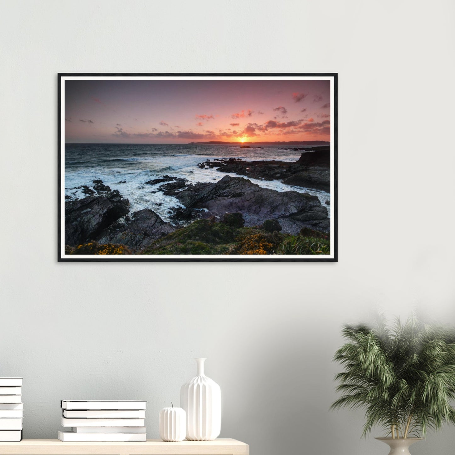 Rugged Plymouth coastline framed print featuring Heybrook Bay