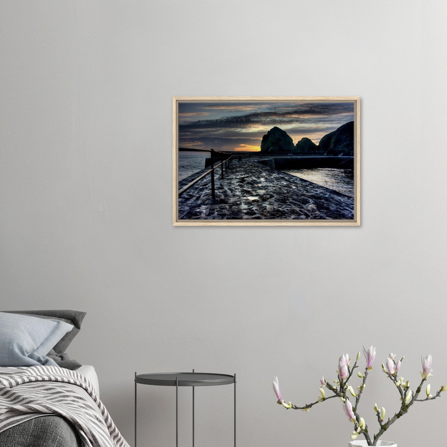Framed canvas print of peaceful sunset at Mullion Cove