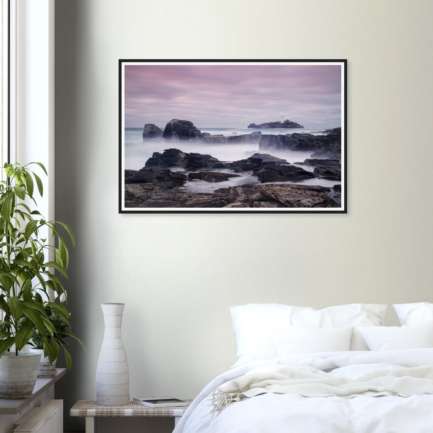 Atmospheric coastal framed print of Godrevy Lighthouse at dusk