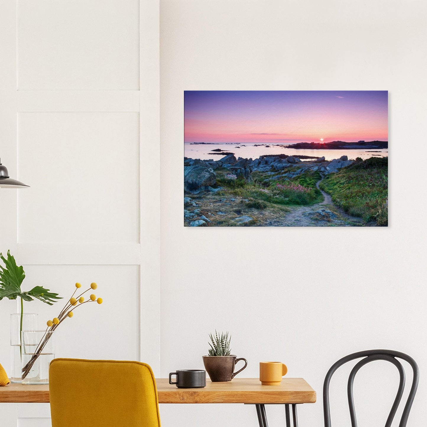 Wall art of Lihou Island at golden hour, showing reflective coastal pools, a glowing sky, and a tranquil path through wildflowers.