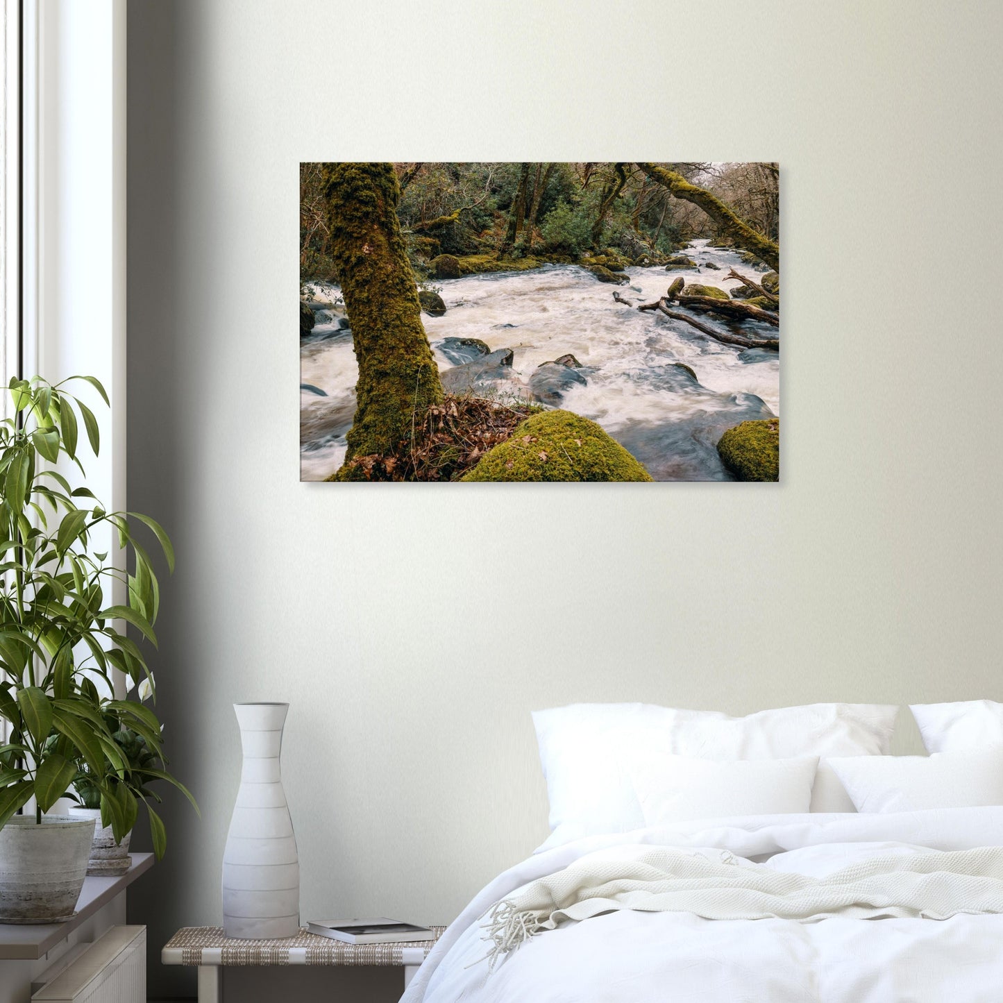 Wild river scene in Dartmoor National Park with motion and greenery