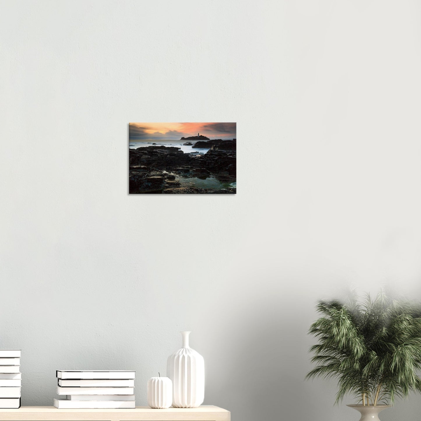Godrevy Lighthouse against a fiery sky, featured in a scenic Cornwall sunset canvas.