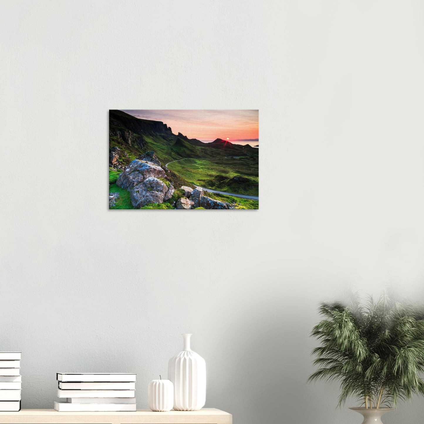 Isle of Skye landscape canvas featuring The Quiraing’s winding road snaking through a valley beneath a colorful sunset sky.