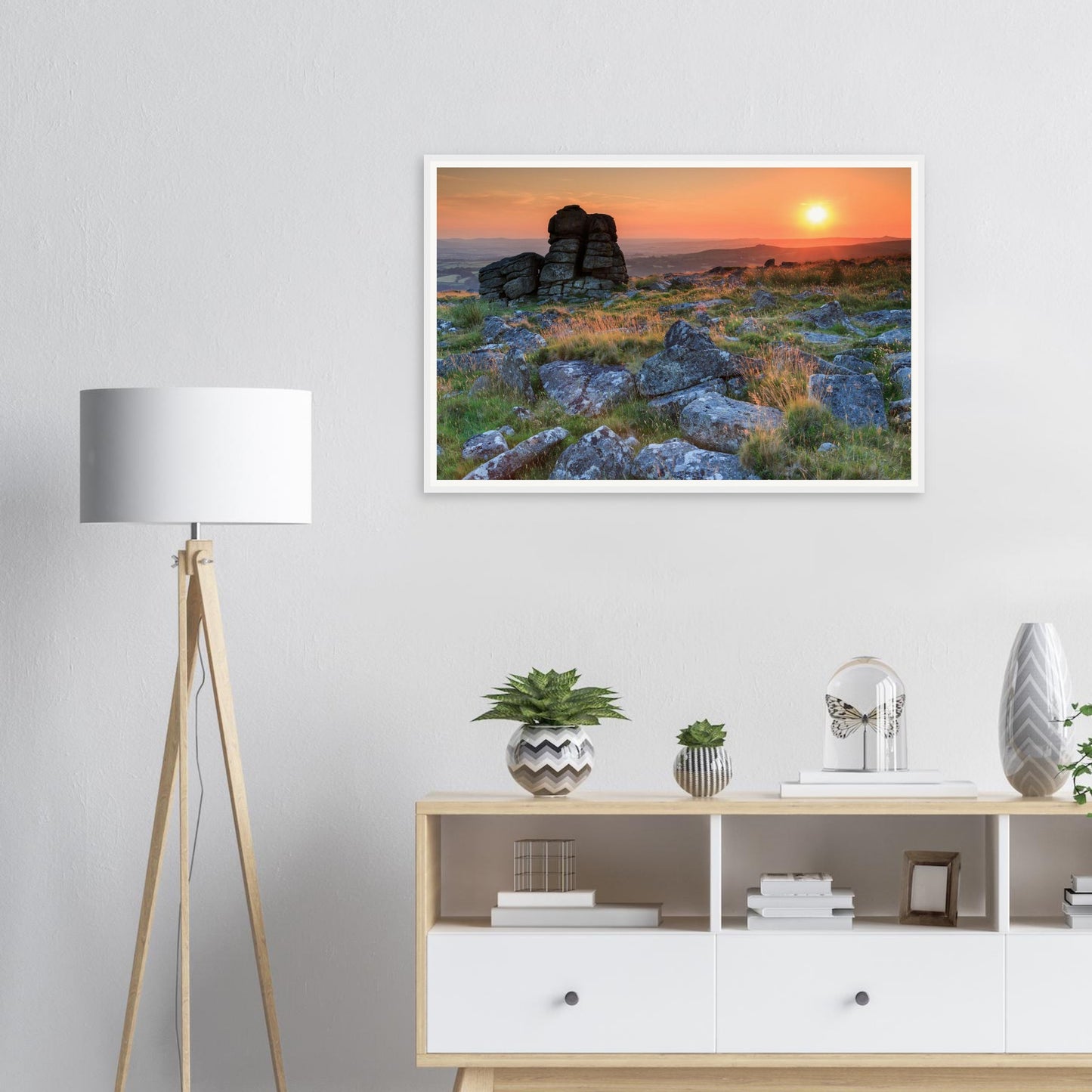 Warm evening light across Dartmoor stones framed print