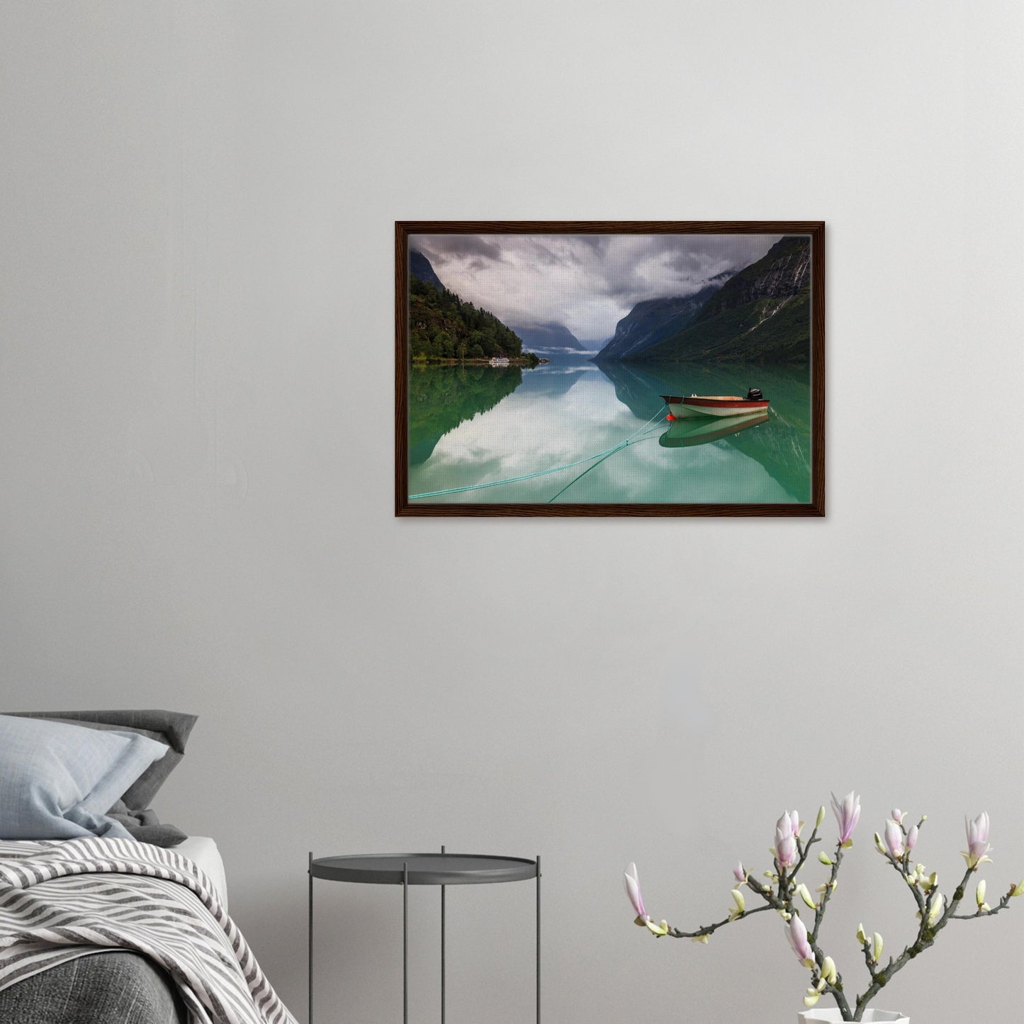 Mirror-like surface of Lovatnet Lake in Norway landscape art