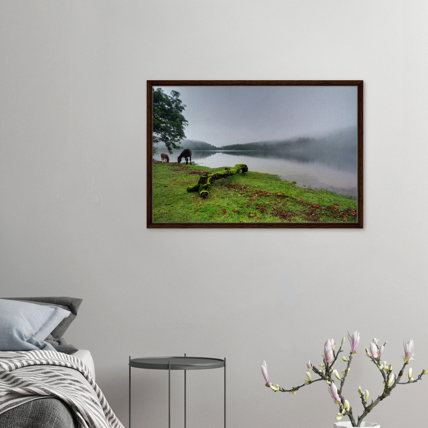 Silhouetted trees and grazing ponies at Burrator in canvas frame