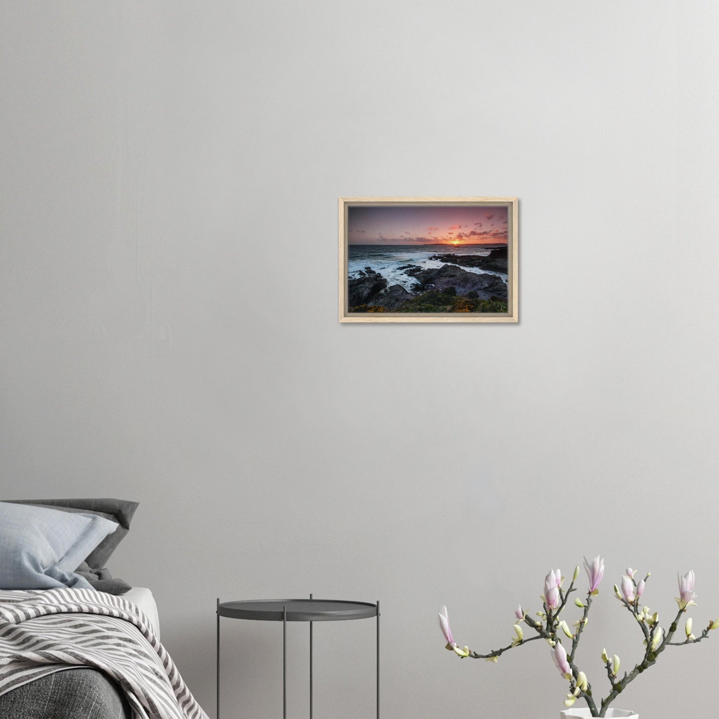 Framed canvas of rugged coastline at Heybrook Bay during golden hour