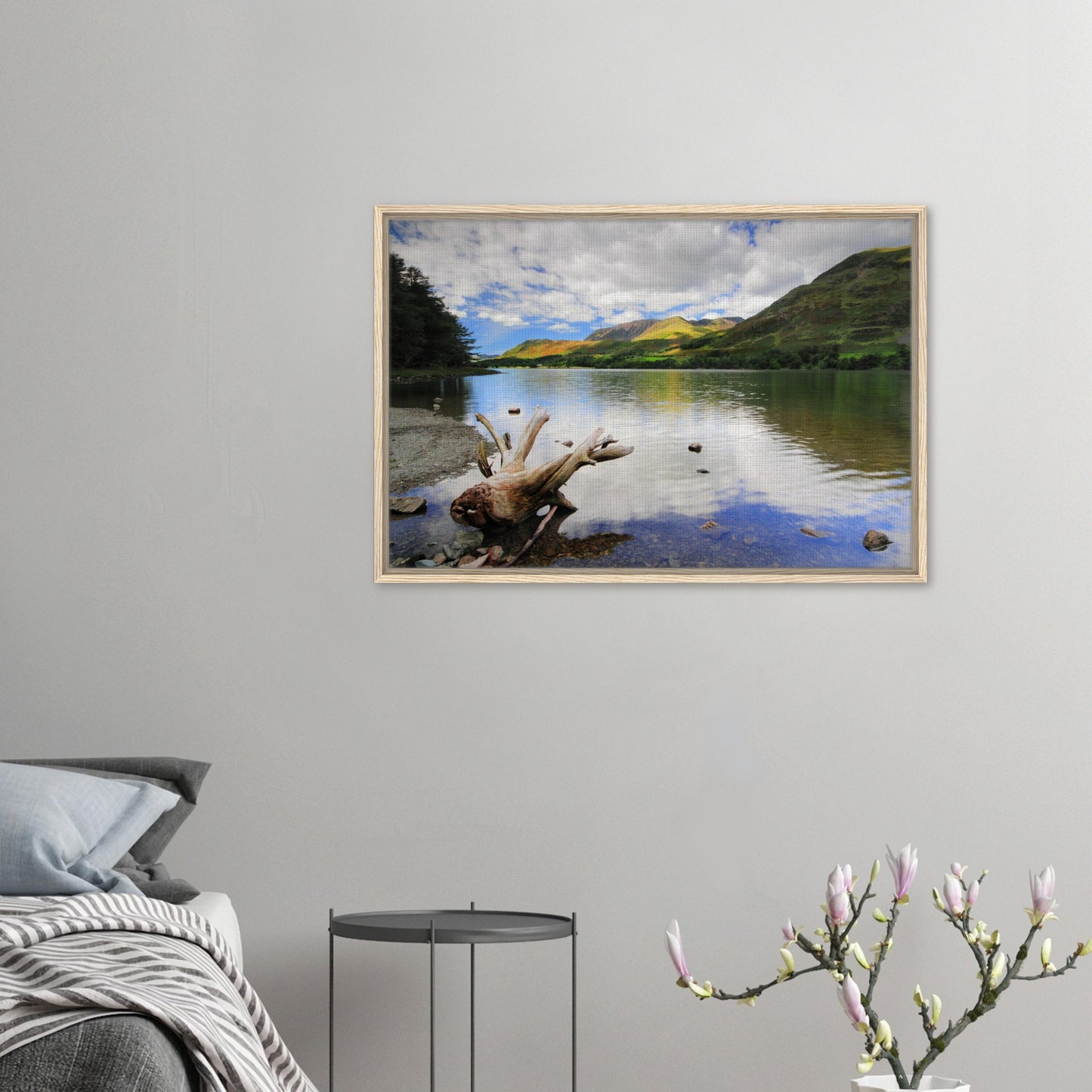 Framed wall art of Buttermere Lake and vibrant green hills