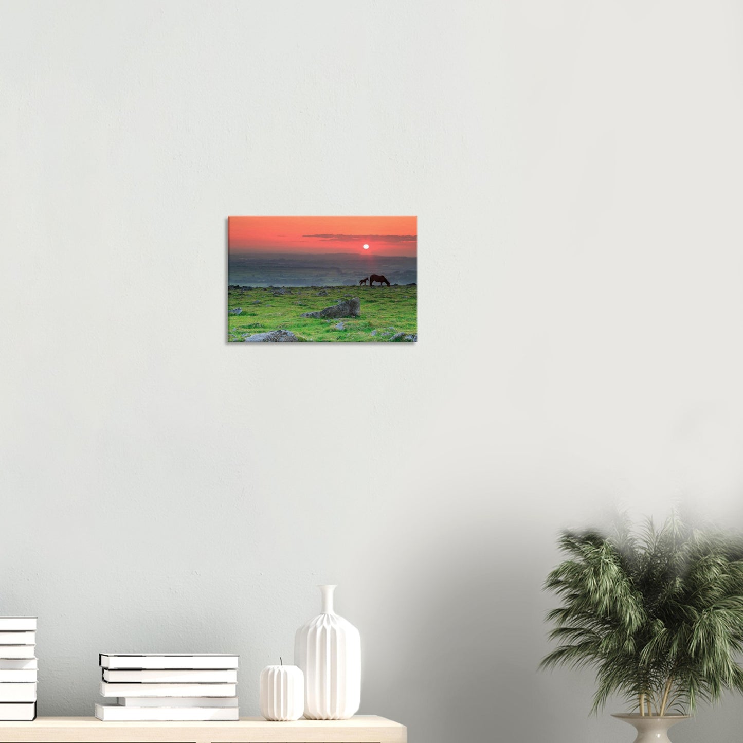 Dartmoor National Park canvas featuring grazing mare and foal at sunset.