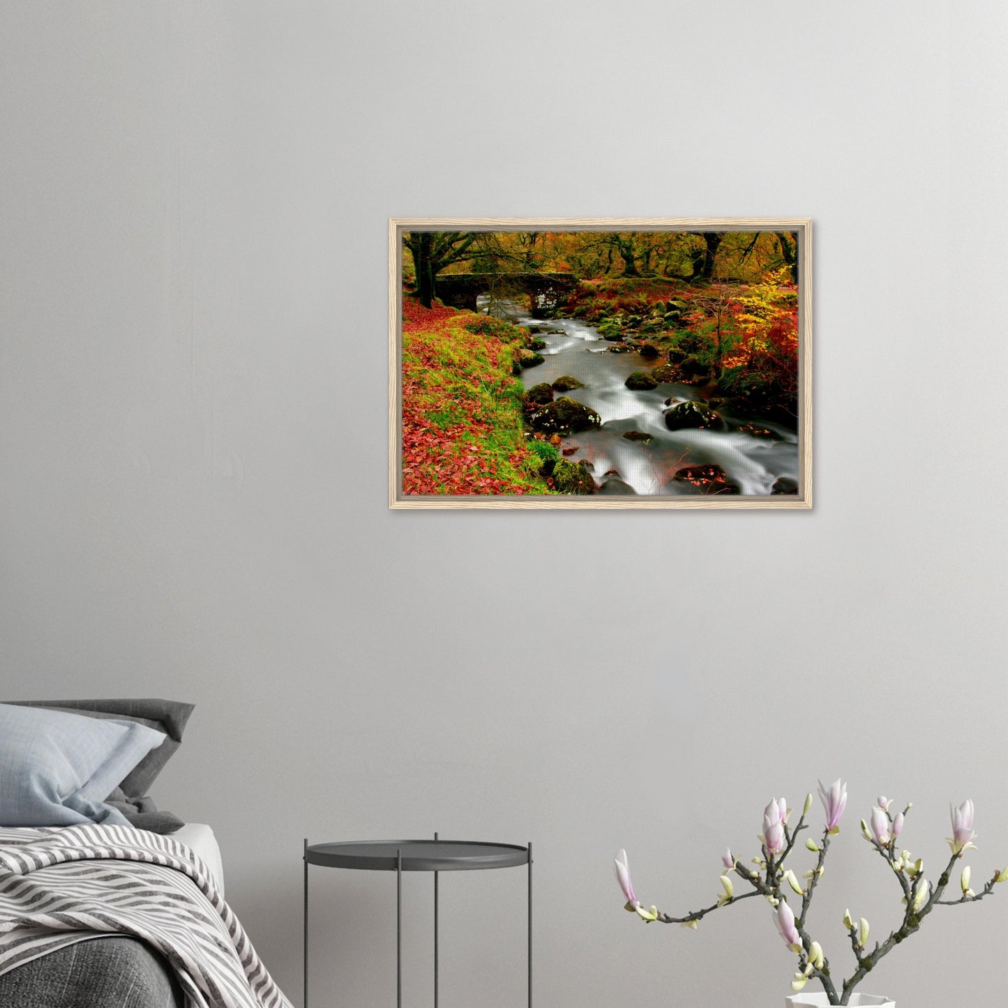 Framed wall art of Dartmoor forest with moss-covered rocks in autumn