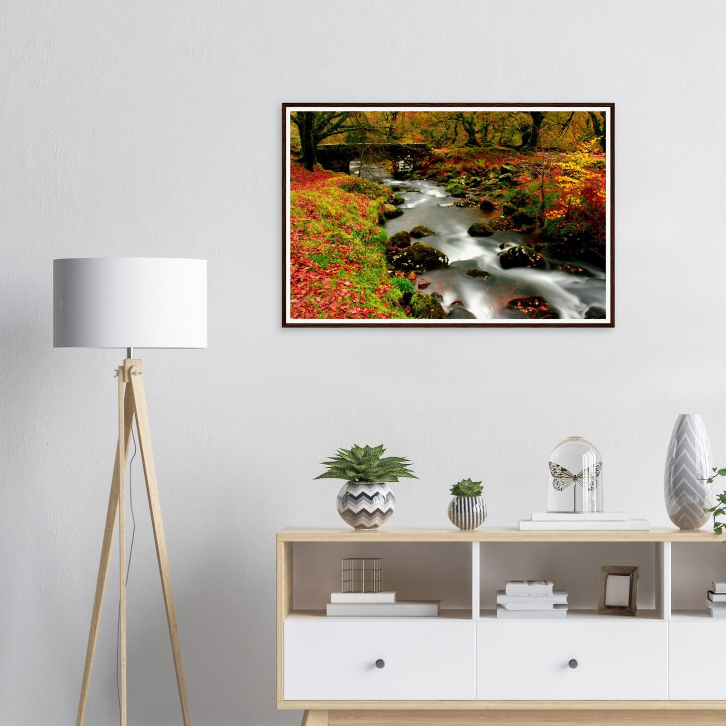 Dartmoor autumn woodland scene with blurred stream water