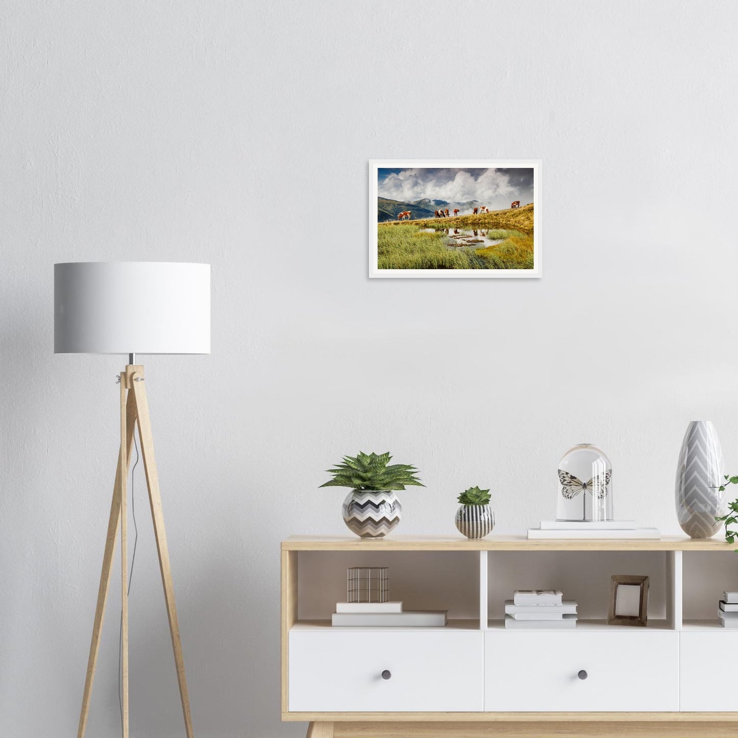 Framed print of Austrian Alps meadow with herd of cows grazing