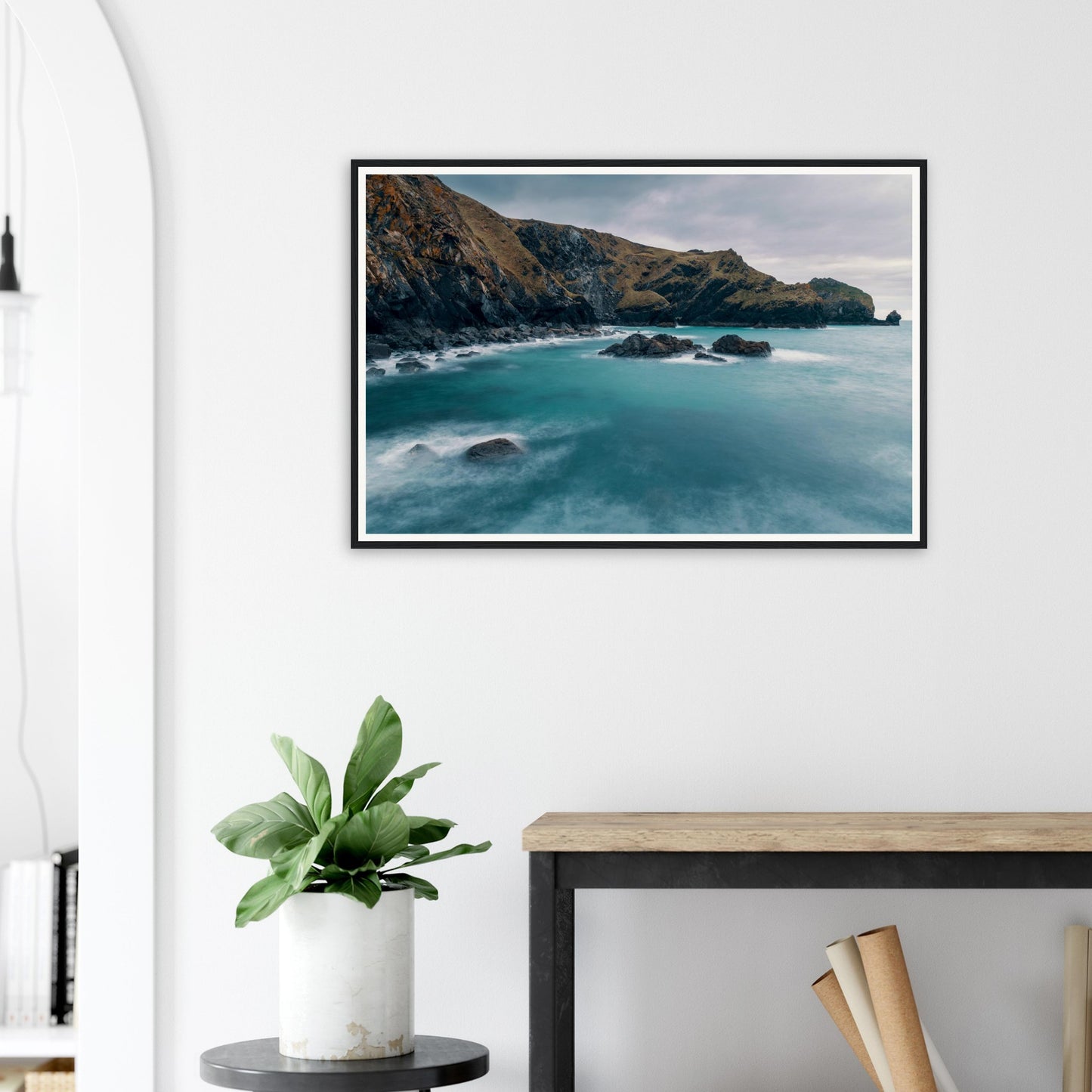 Scenic framed wall art of Mullion Cove Cornwall turquoise waters