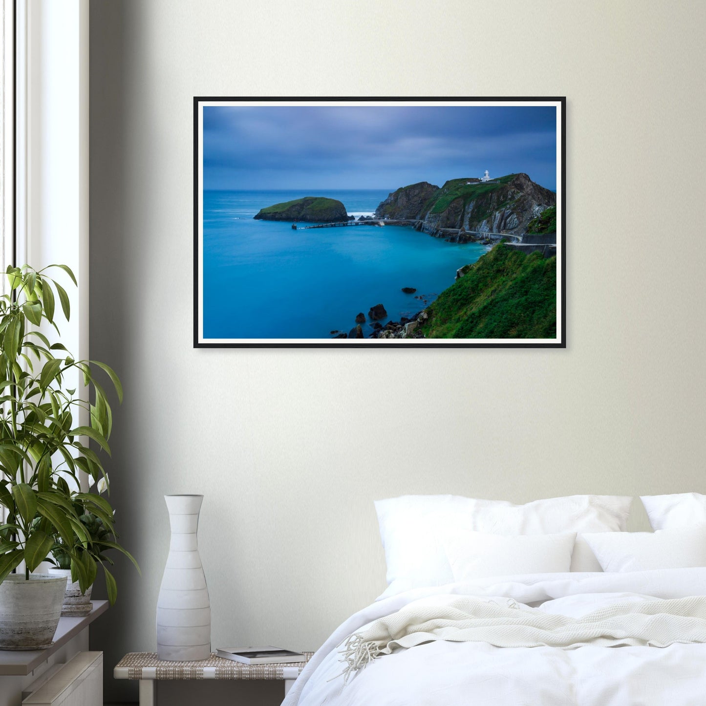 Serene framed print of Lundy Island dusk with pier and bay