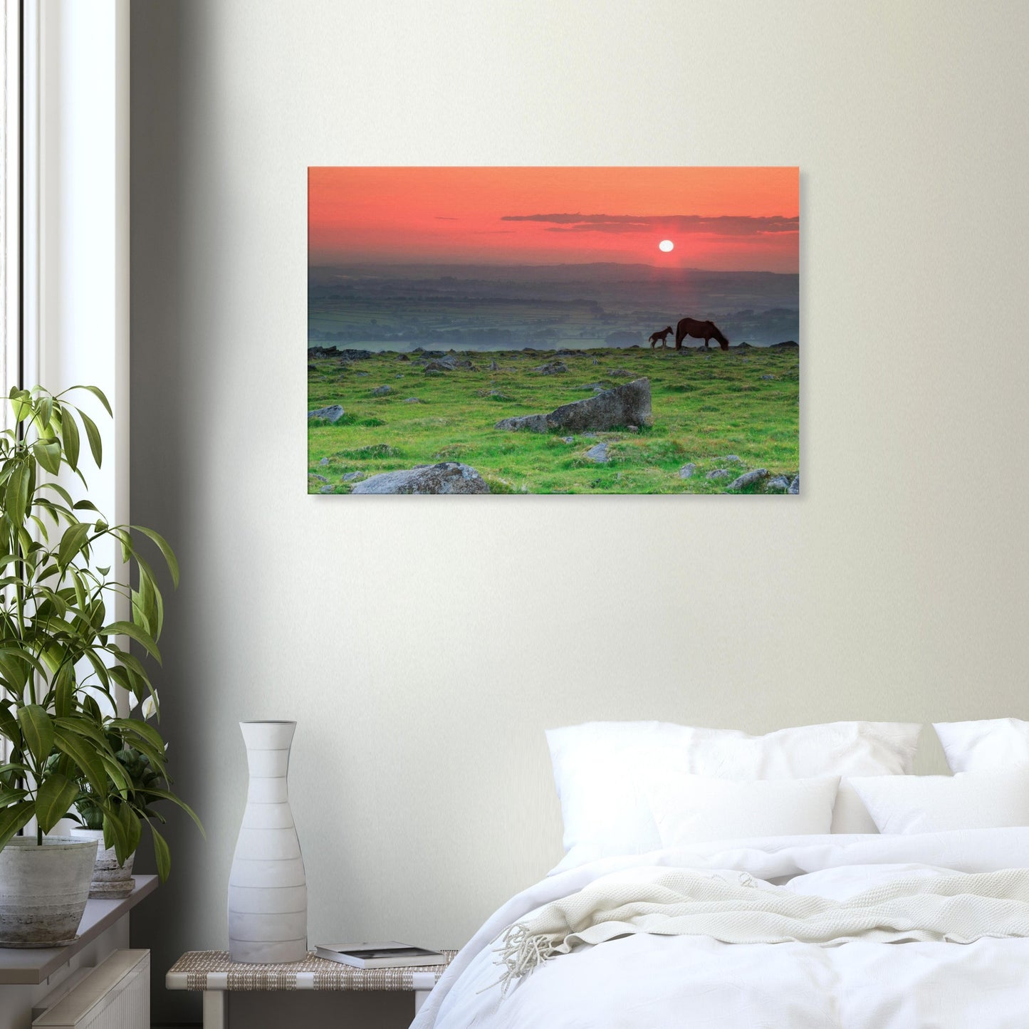 Dartmoor sunset canvas with iconic ponies and vibrant evening colours.