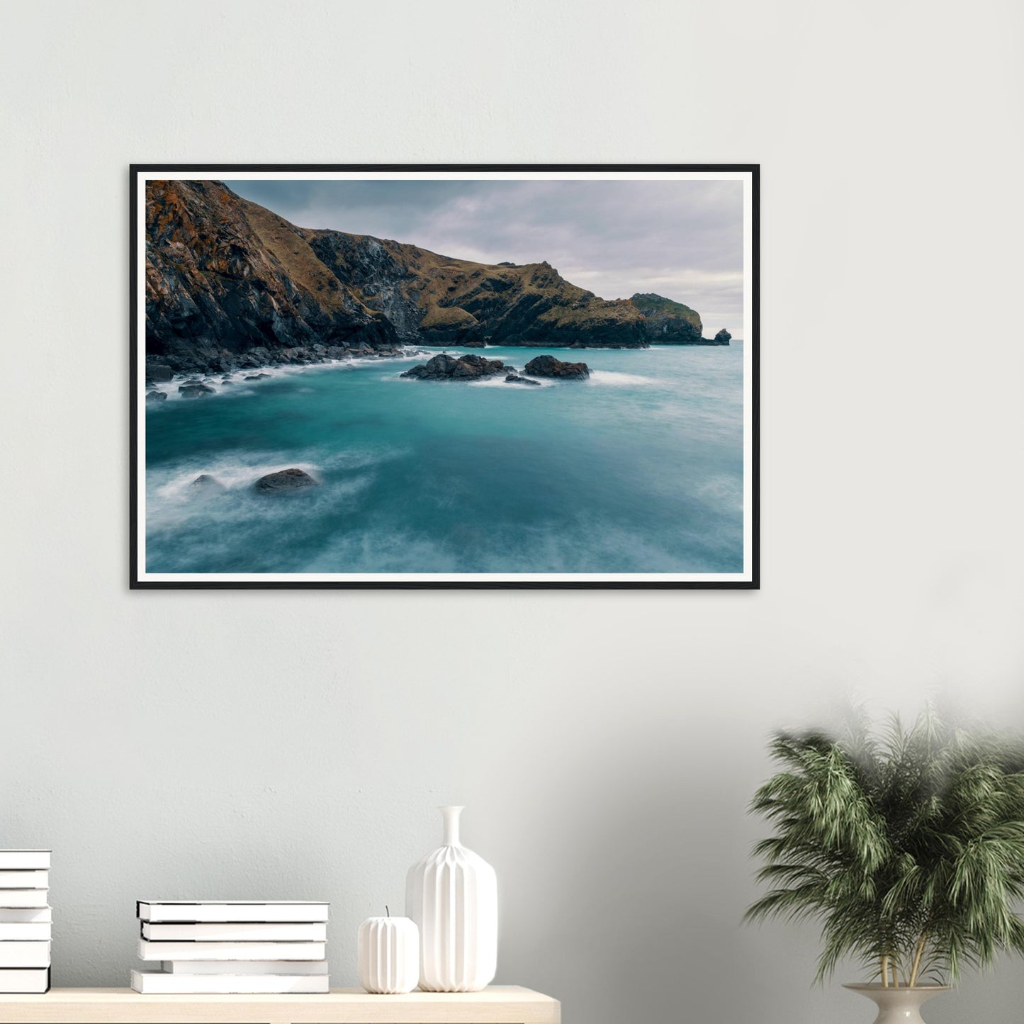 Atmospheric framed print of Mullion Cove coastal cliffs