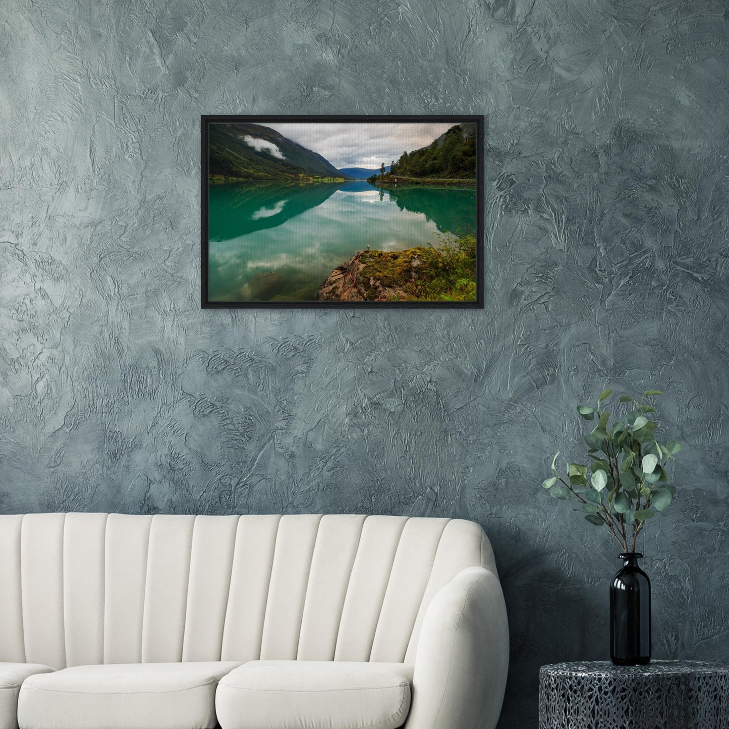 Lush valley and calm lake in Oldevatnet Norway wall art