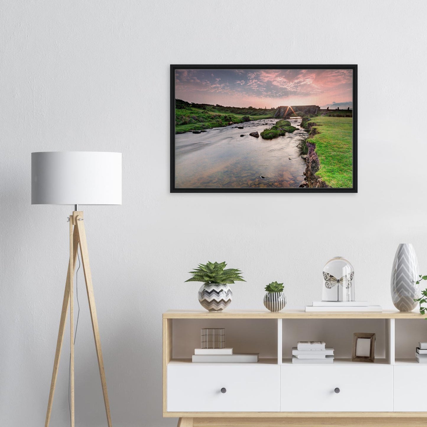 Dartmoor framed canvas print showing first light on ancient bridge