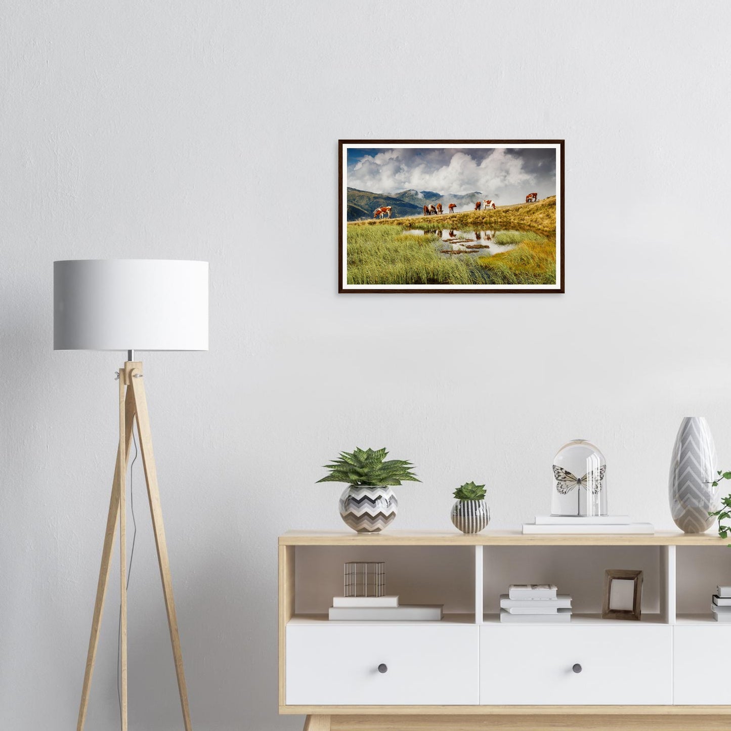 Verdant alpine pasture with cows grazing at Panoramabahn framed print