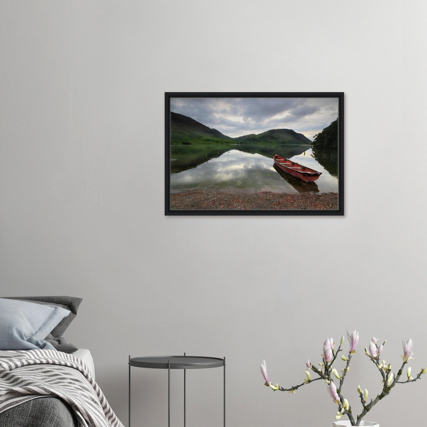 Framed canvas of fells reflected in still lake at Crummock