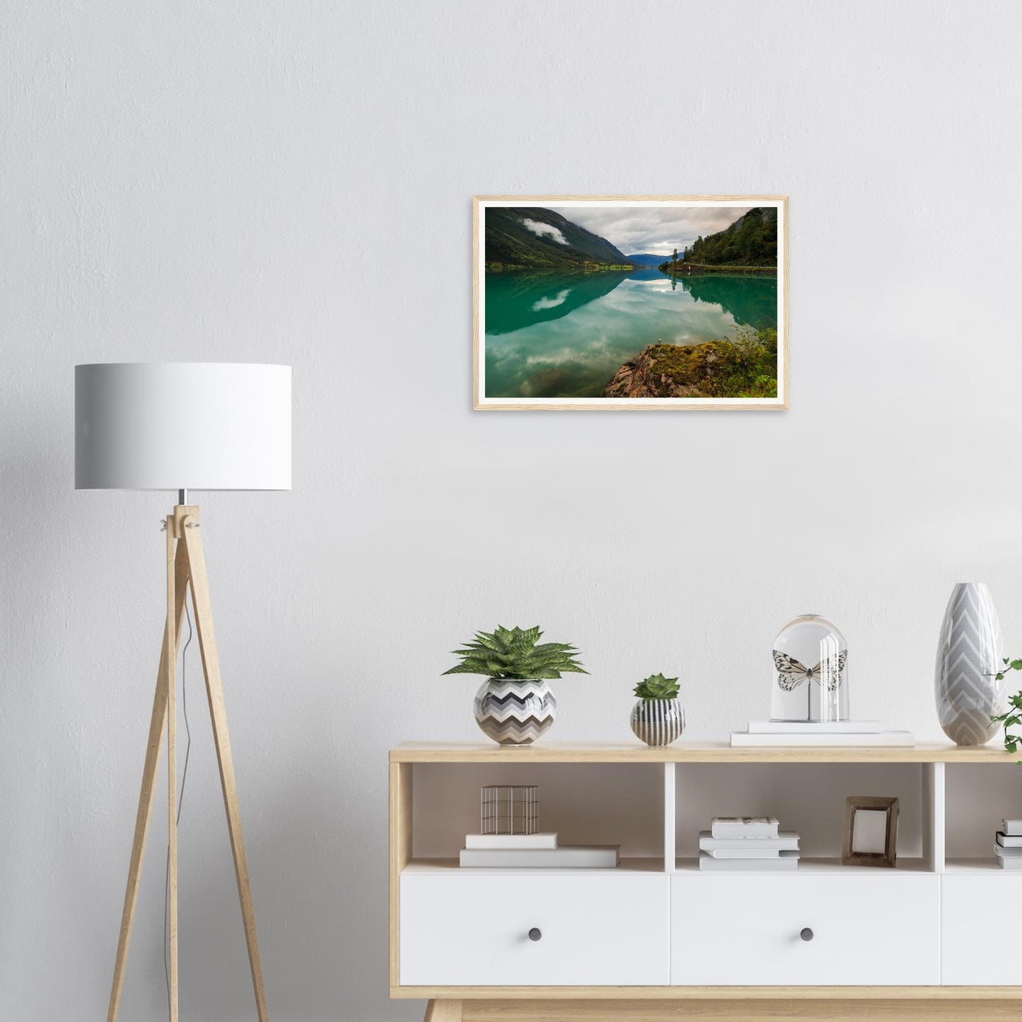 Mirror-like waters of Oldevatnet Lake framed print Norway