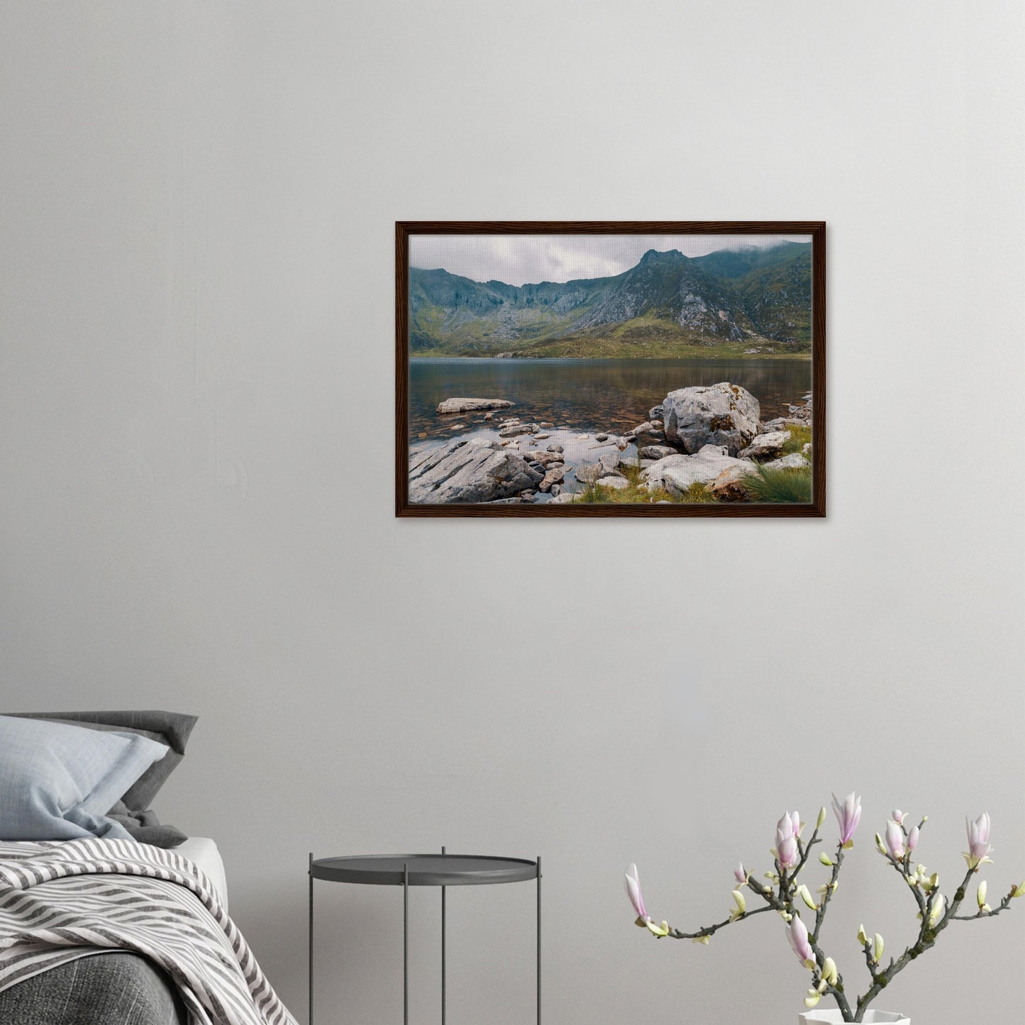 Framed landscape of Llyn Idwal at peace