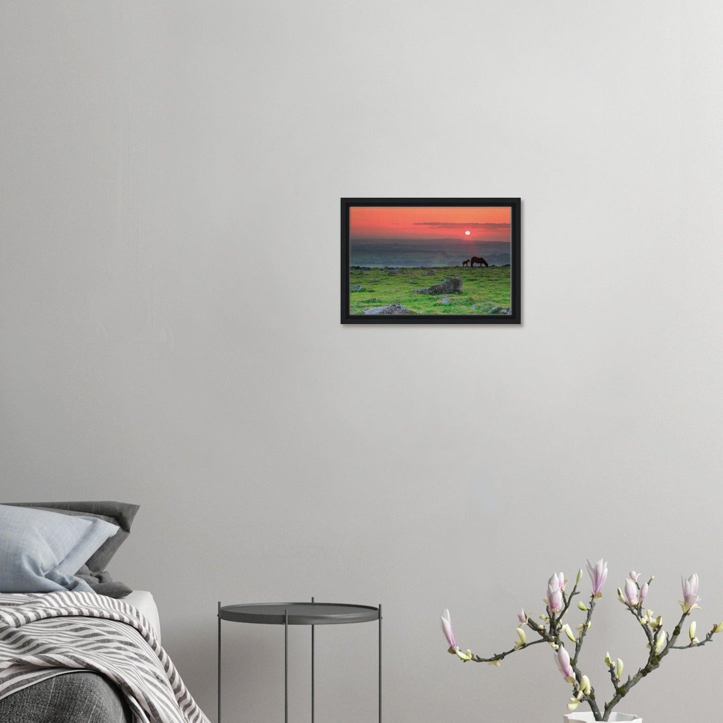 Peaceful Dartmoor evening scene with ponies in framed artwork