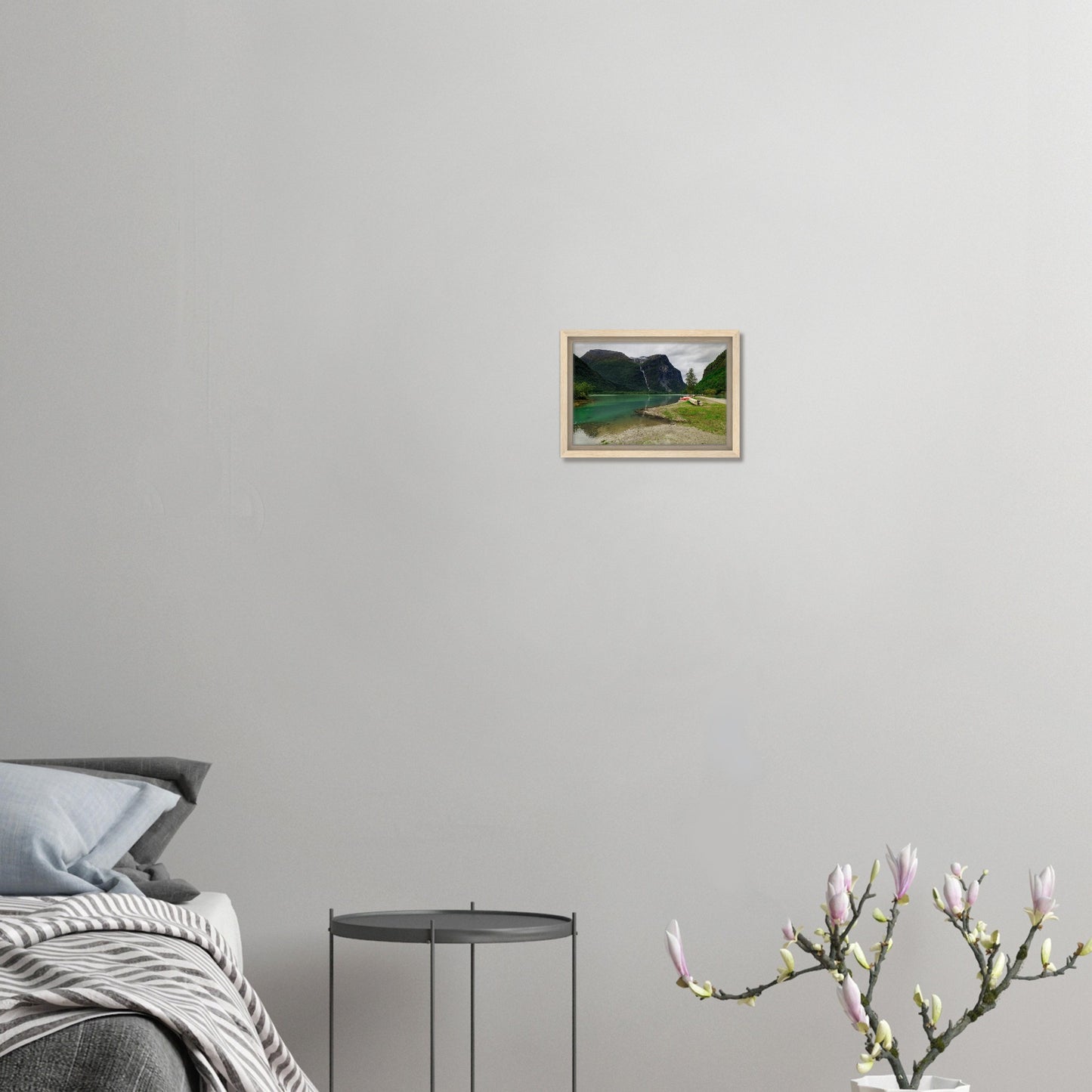 Emerald lake with boats and mountain backdrop in Norway print