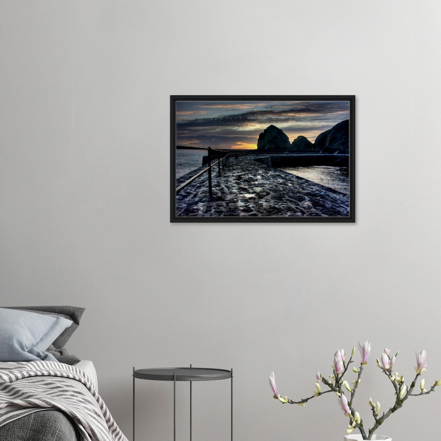 Mullion Cove slipway with sea spray and sunset in framed artwork