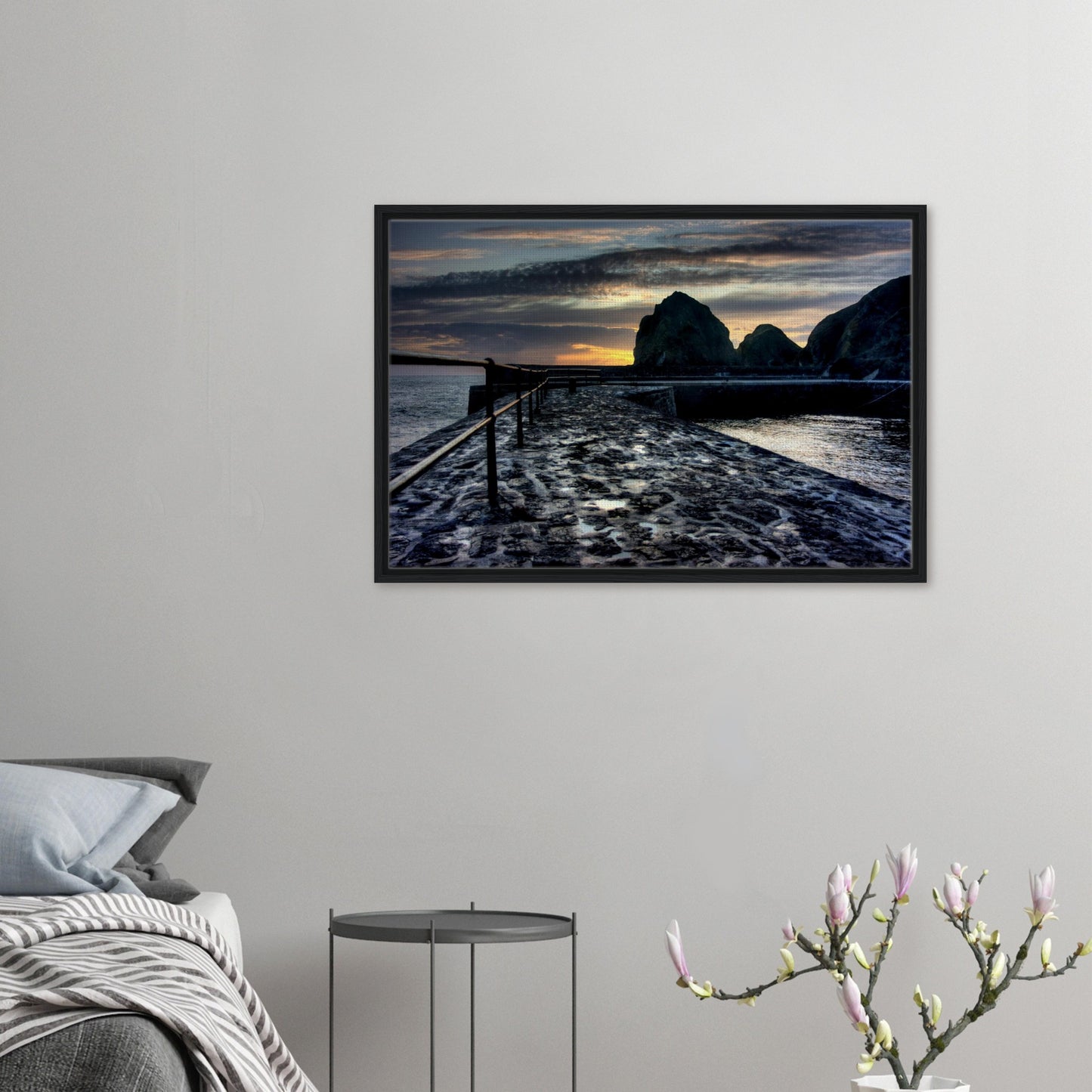 Framed canvas print of Mullion Cove slipway at sunset