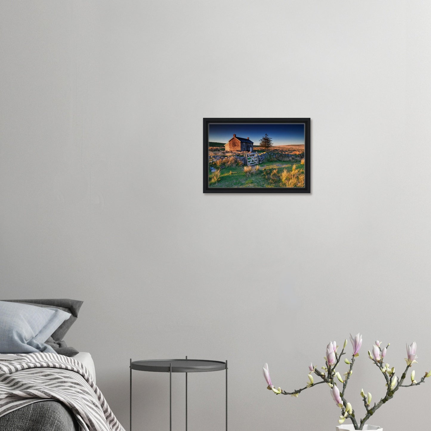 Framed artwork of Dartmoor sunrise at remote stone farm