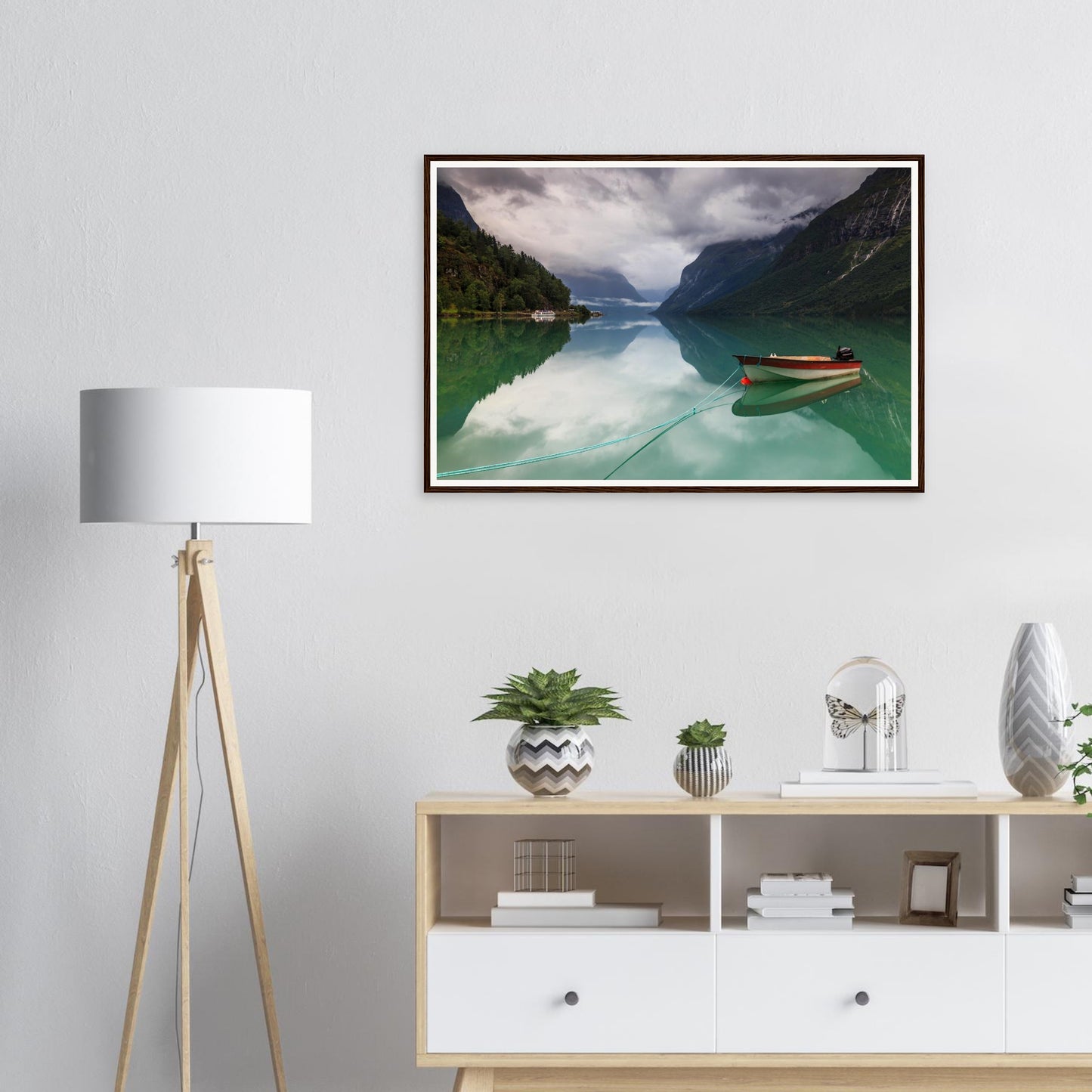 Scenic Norwegian framed print of Lovatnet Lake emerald scene