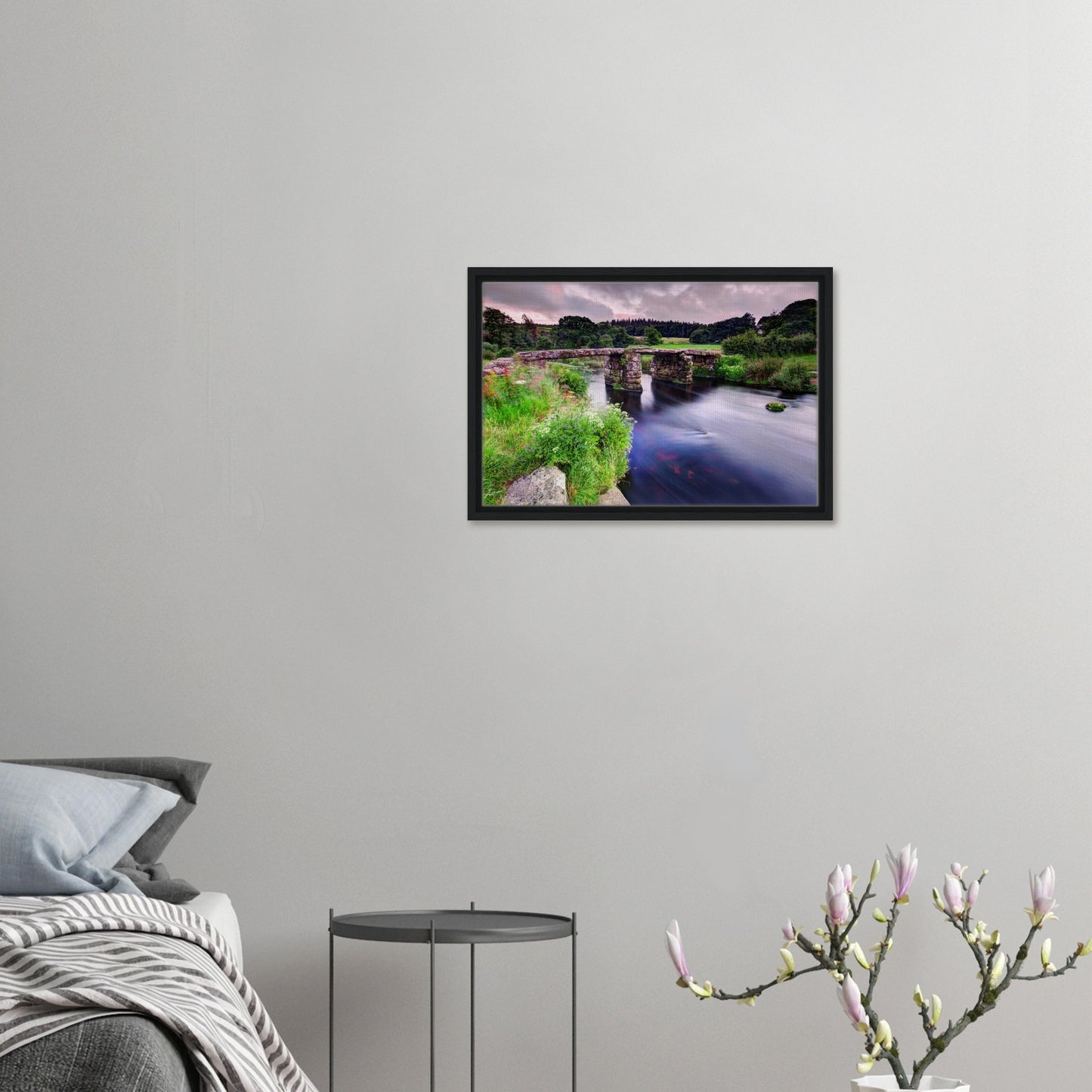 Framed canvas of Dartmoor clapper bridge and flowing water