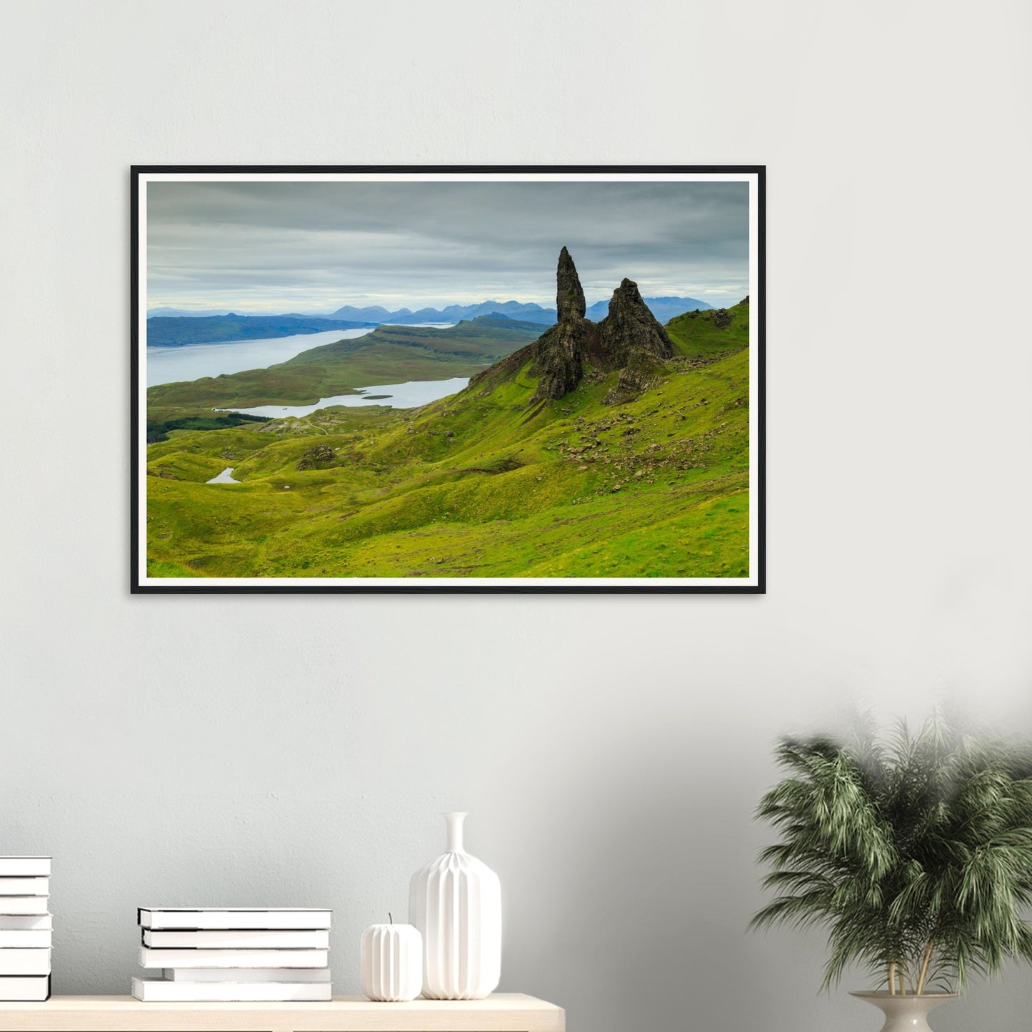 Distant loch beneath The Old Man of Storr framed landscape print