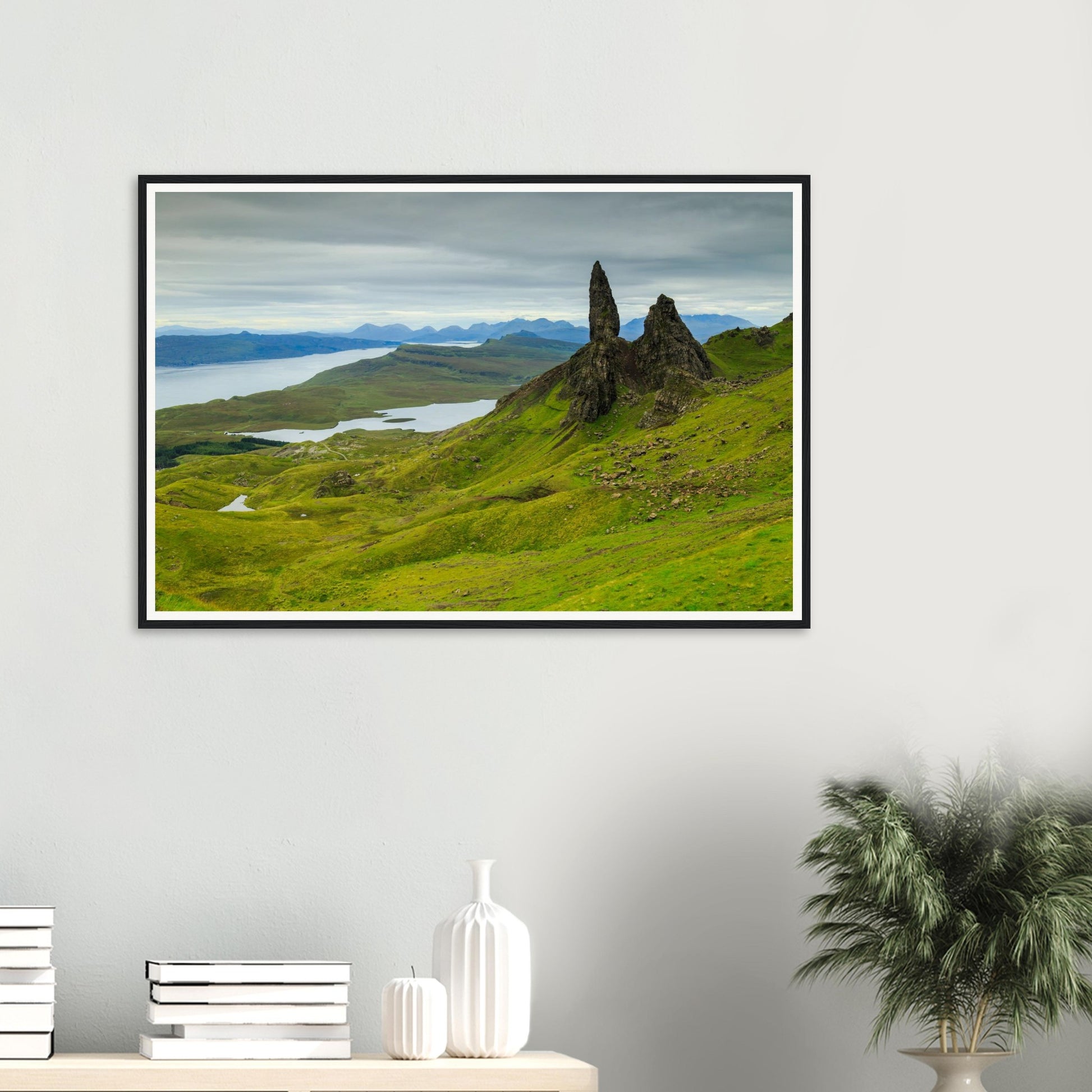 Distant loch beneath The Old Man of Storr framed landscape print