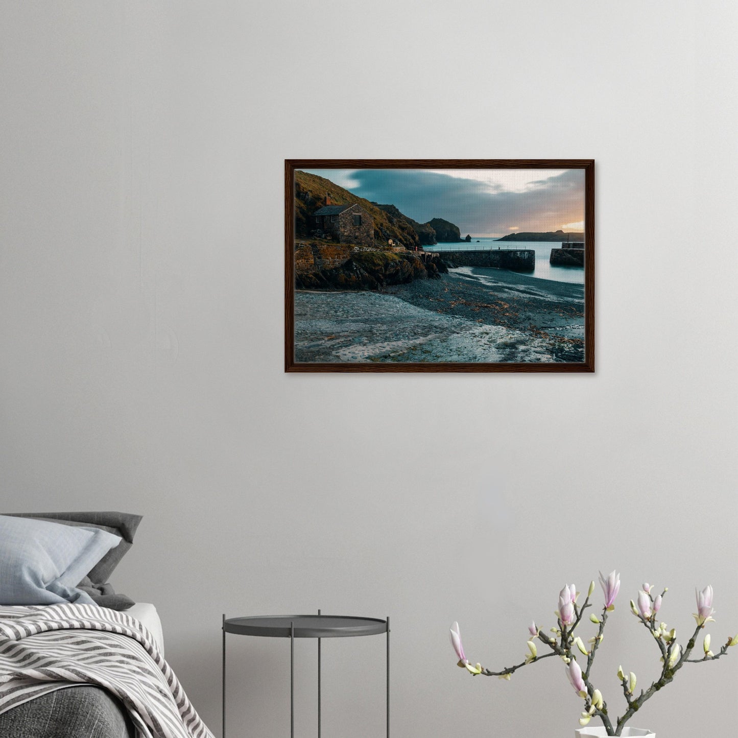Tranquil framed print of Mullion Cove harbour
