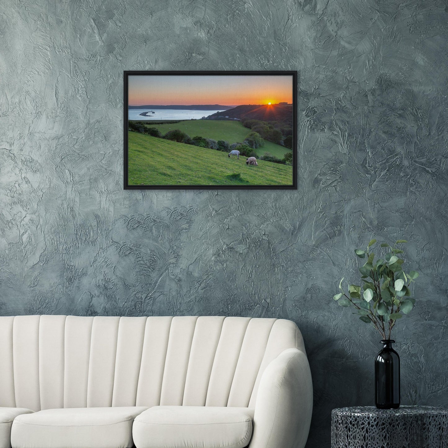 Serene grazing sheep scene with sunset sea view