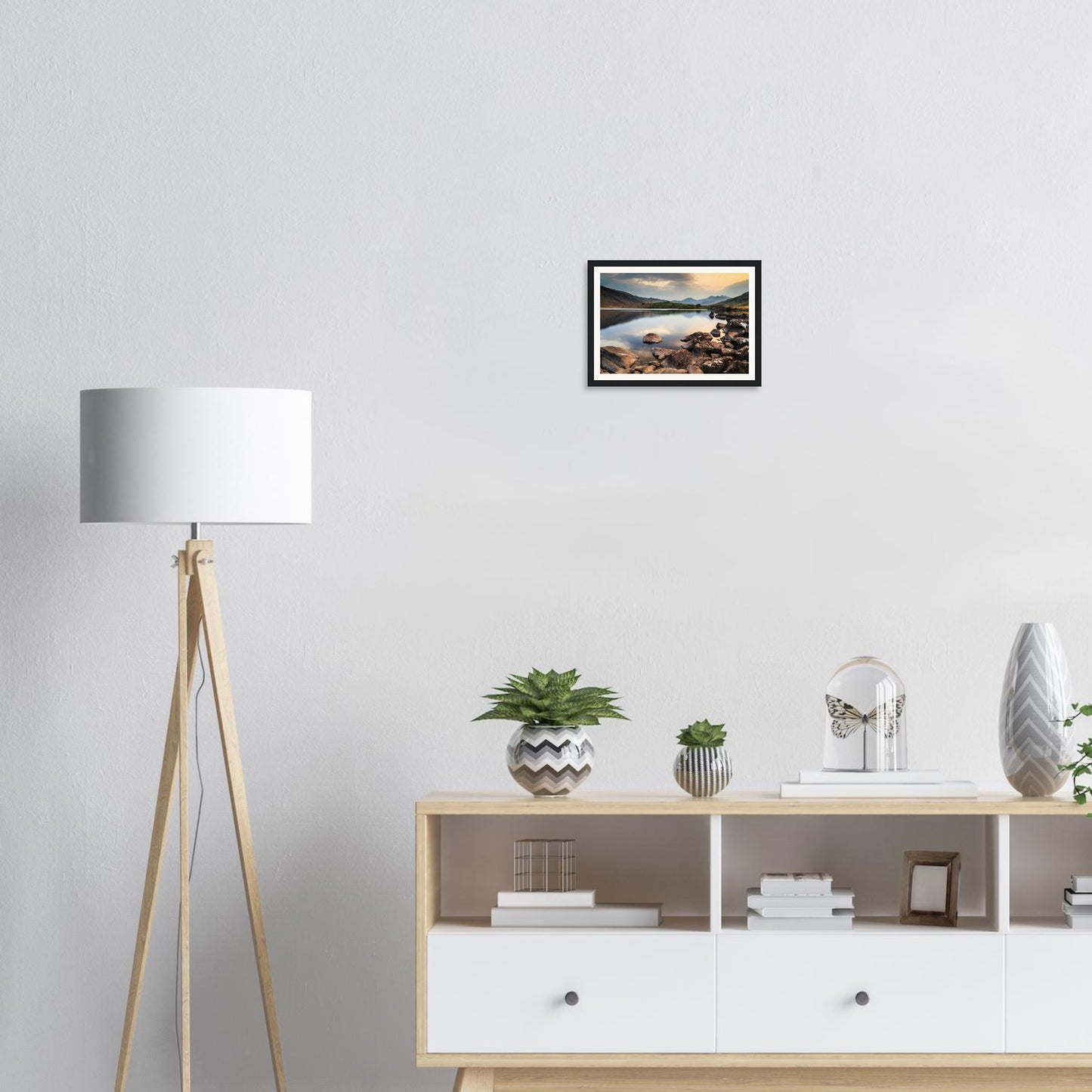 Peaceful framed wall art of Llynnau Mymbyr lake at sunset
