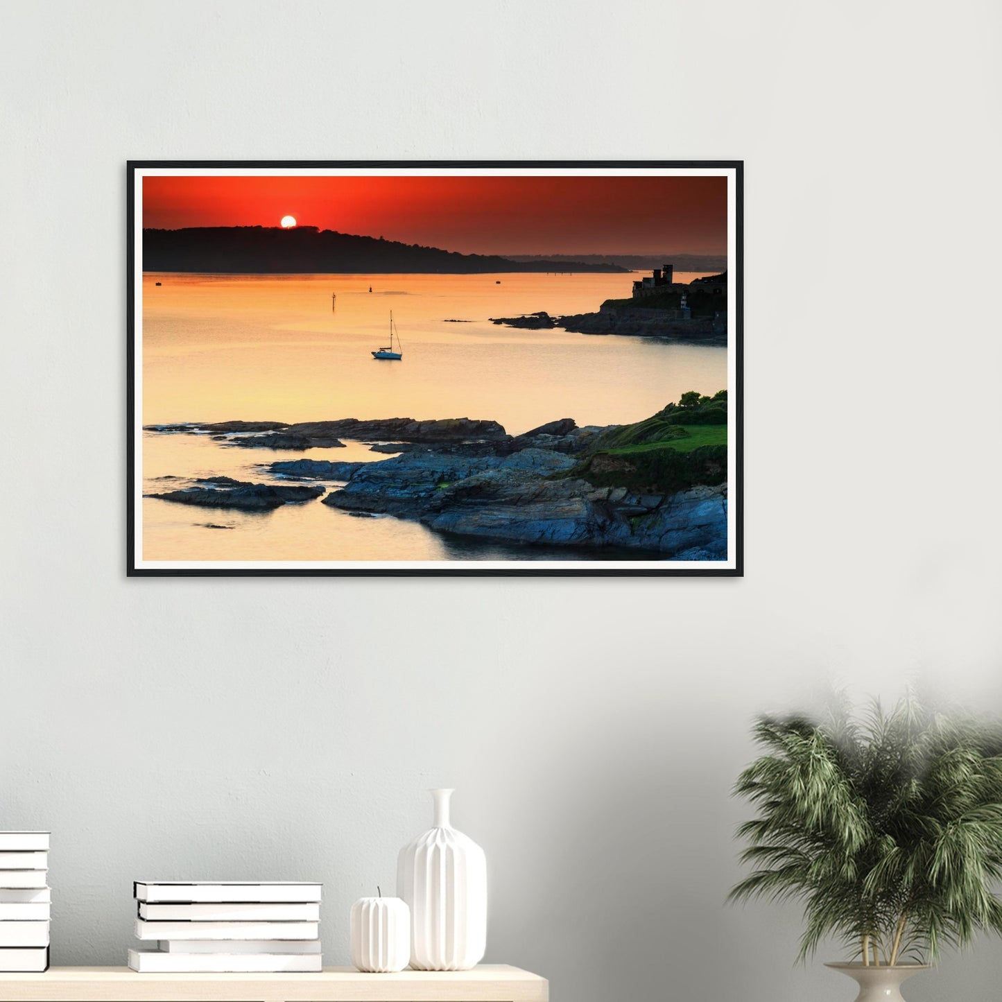 Atmospheric Devon coastline sunset at Plymouth Sound framed print