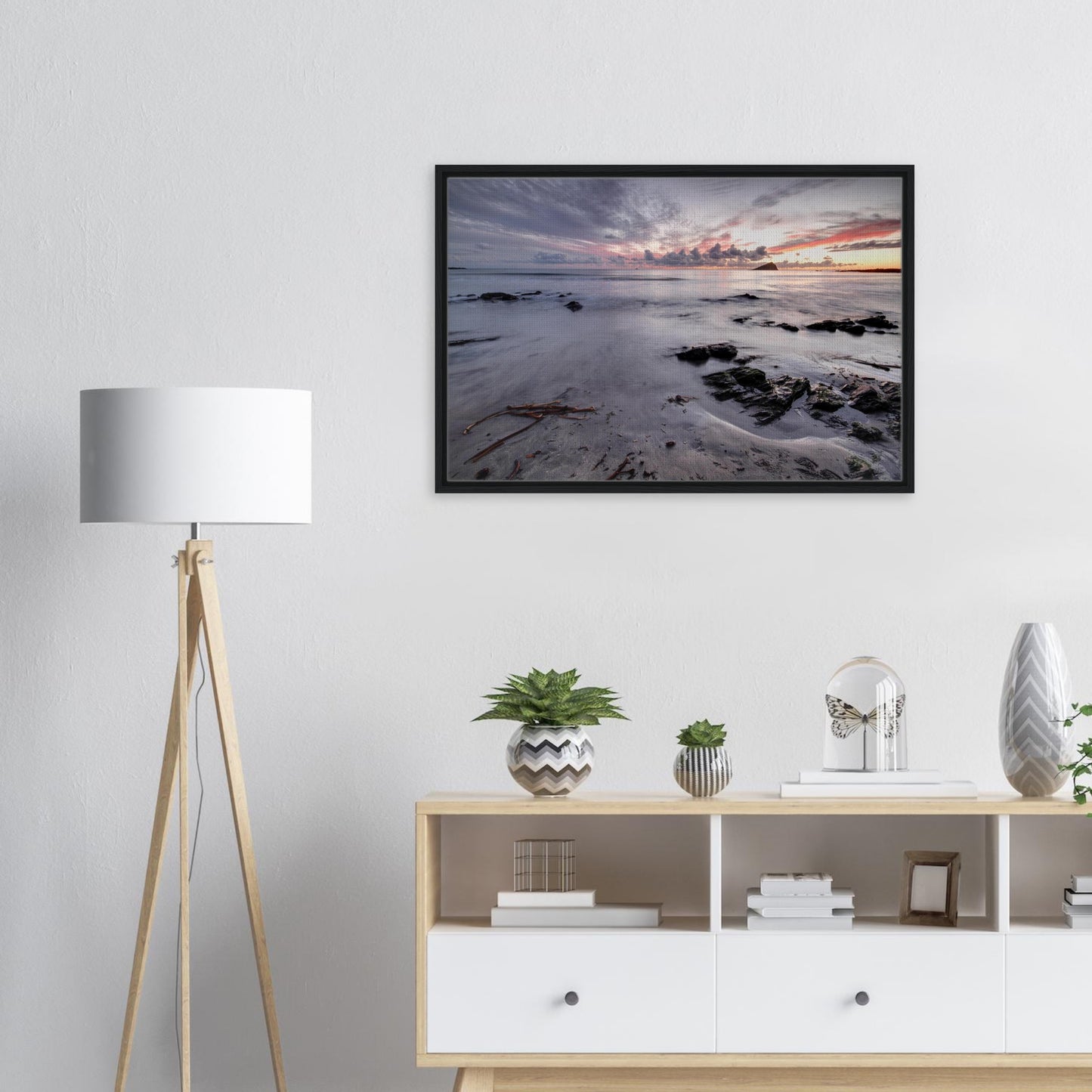 Framed Devon canvas of Wembury Beach’s tranquil twilight scene