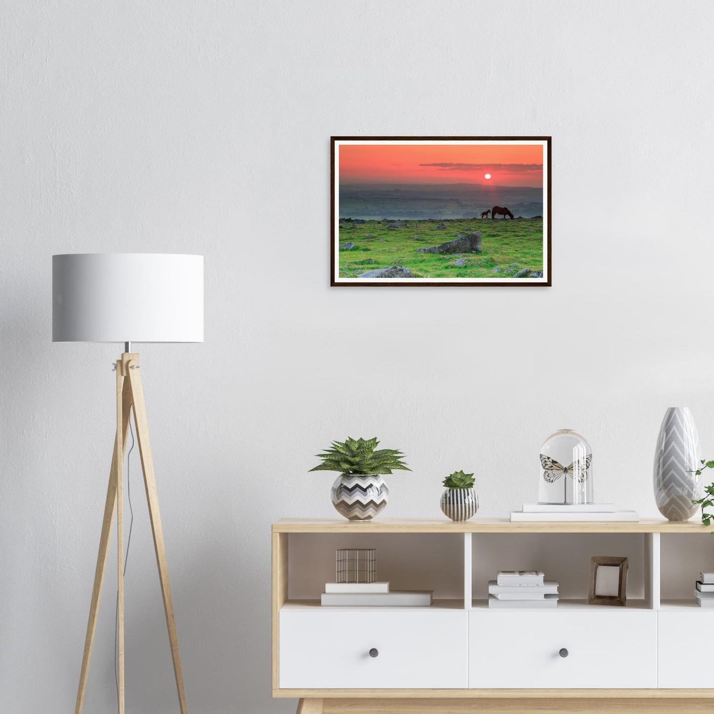 Ancient stones of Dartmoor with mare and foal framed wall art