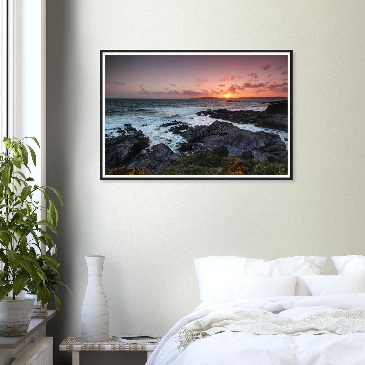 Serene yet powerful sunset seascape at Heybrook Bay framed print