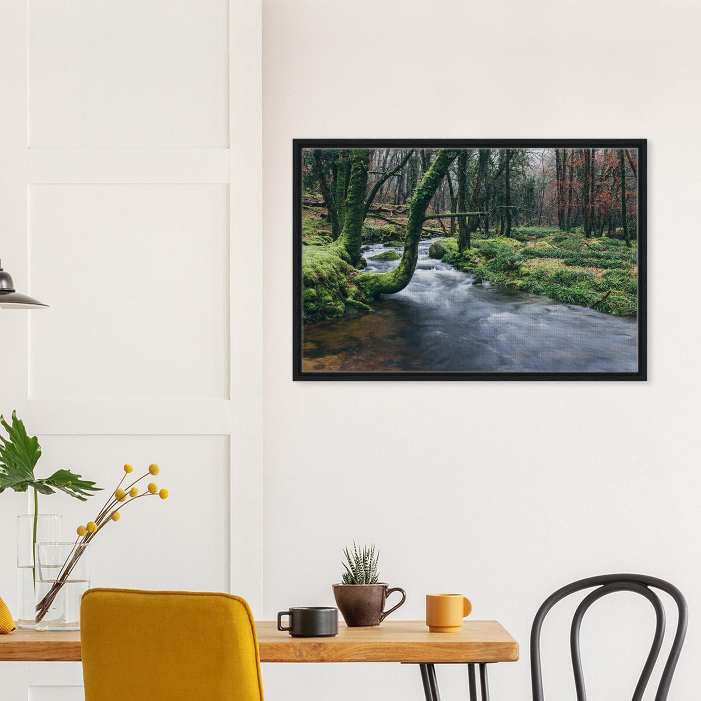 Framed canvas of Dartmoor’s River Meavy in spring green