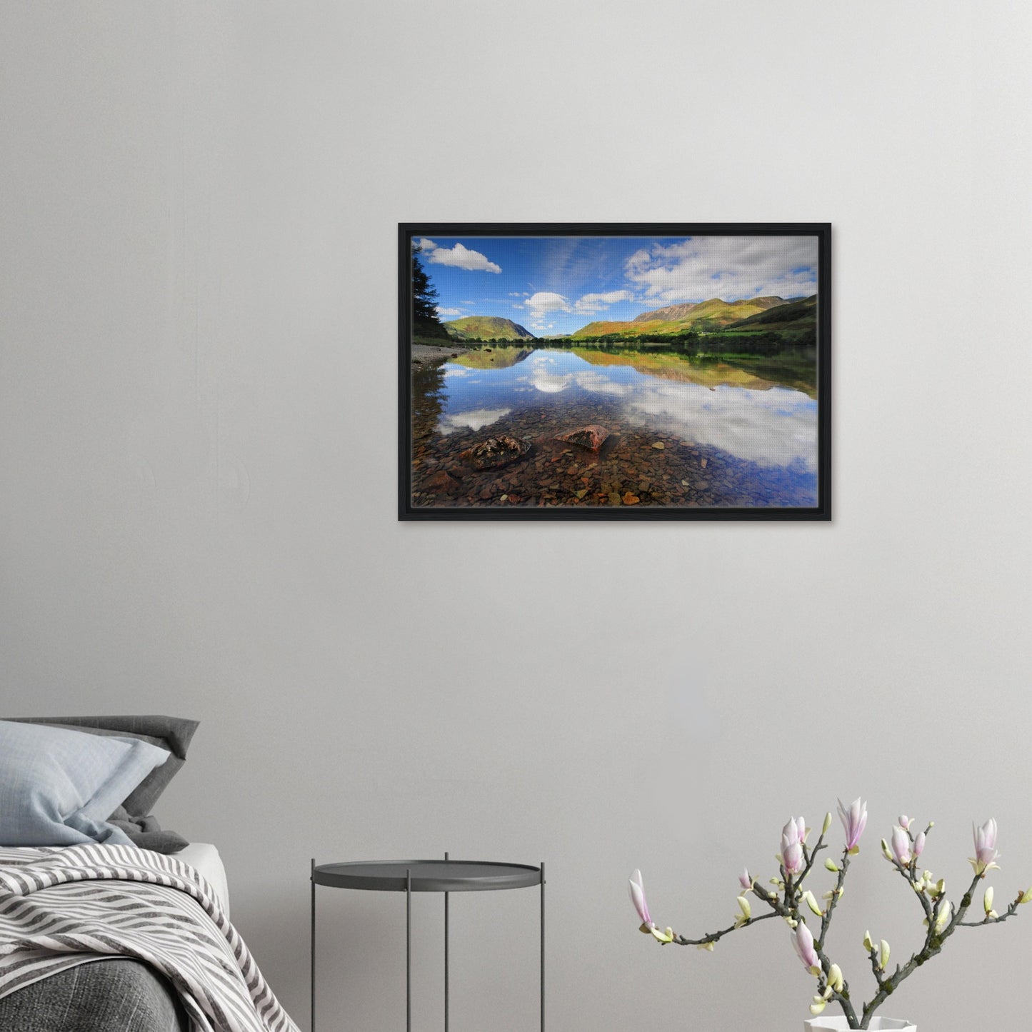 Peaceful Buttermere Lake landscape with pebbled shore in canvas